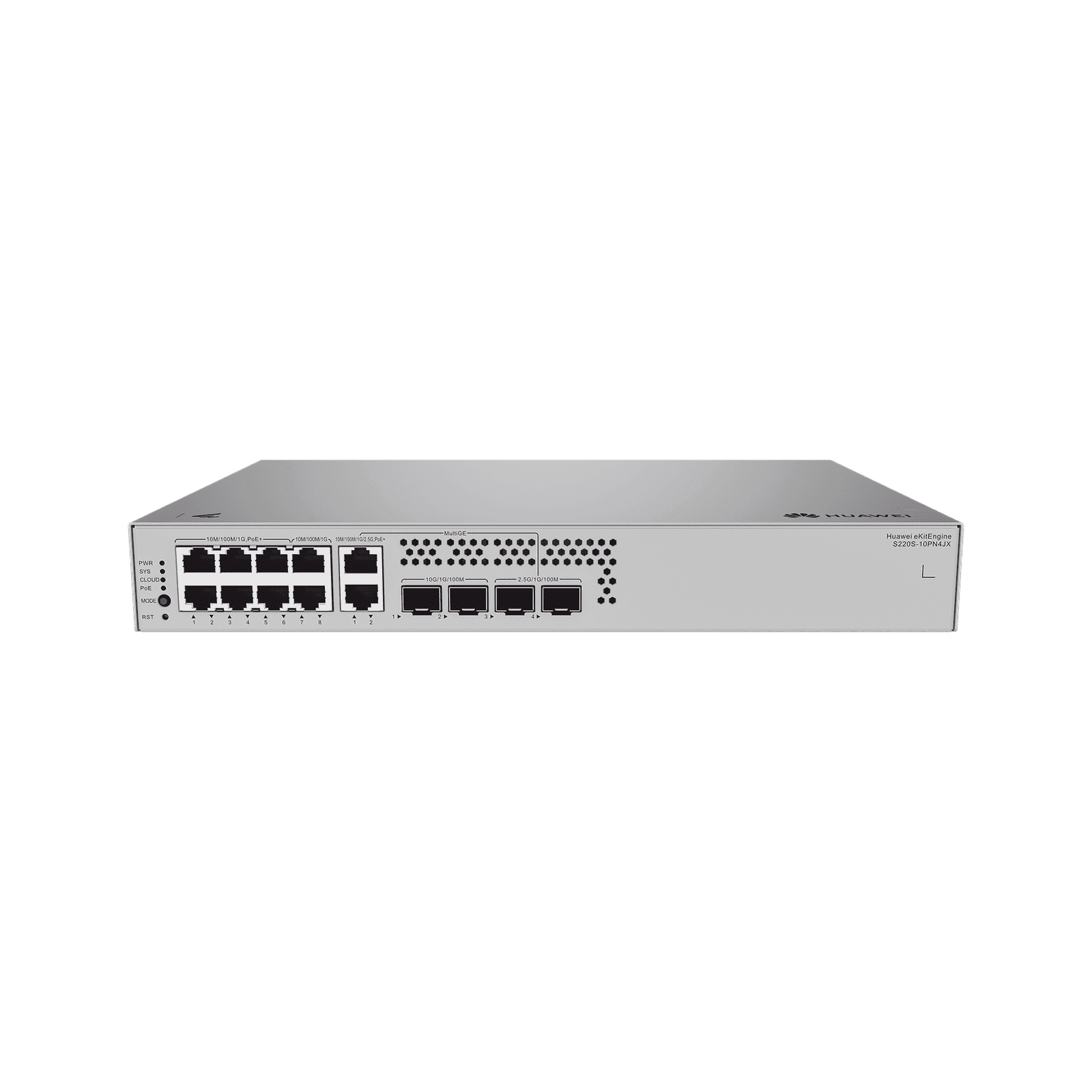 Switch de Acceso Gigabit Administrable PoE Capa 2 / 8 puertos 10/100/1000 Mbps (6*PoE) / 2 Puertos 100/1000/2.5Gbps (PoE) combo 2  Puertos 2.5GE SFP / 2 Puertos 10GE SFP+ Uplink  / ERPS / PoE Perpetuo / 128 W / Administración Nube Gratis S220S-10PN4JX - HUAWEI