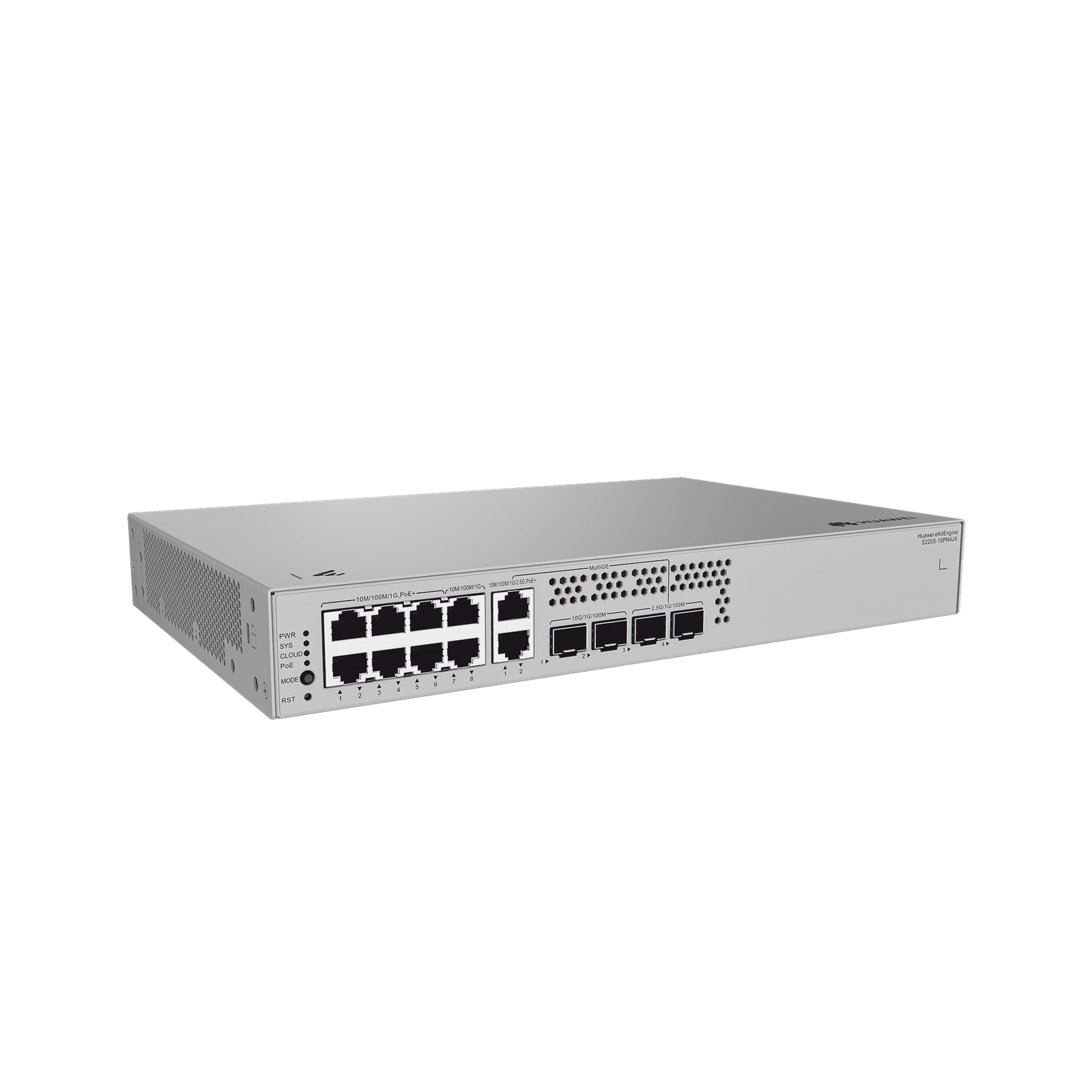 Switch de Acceso Gigabit Administrable PoE Capa 2 / 8 puertos 10/100/1000 Mbps (6*PoE) / 2 Puertos 100/1000/2.5Gbps (PoE) combo 2 Puertos 2.5GE SFP / 2 Puertos 10GE SFP+ Uplink / ERPS / PoE Perpetuo / 128 W / Administración Nube Gratis S220S-10PN4JX - HUAWEI