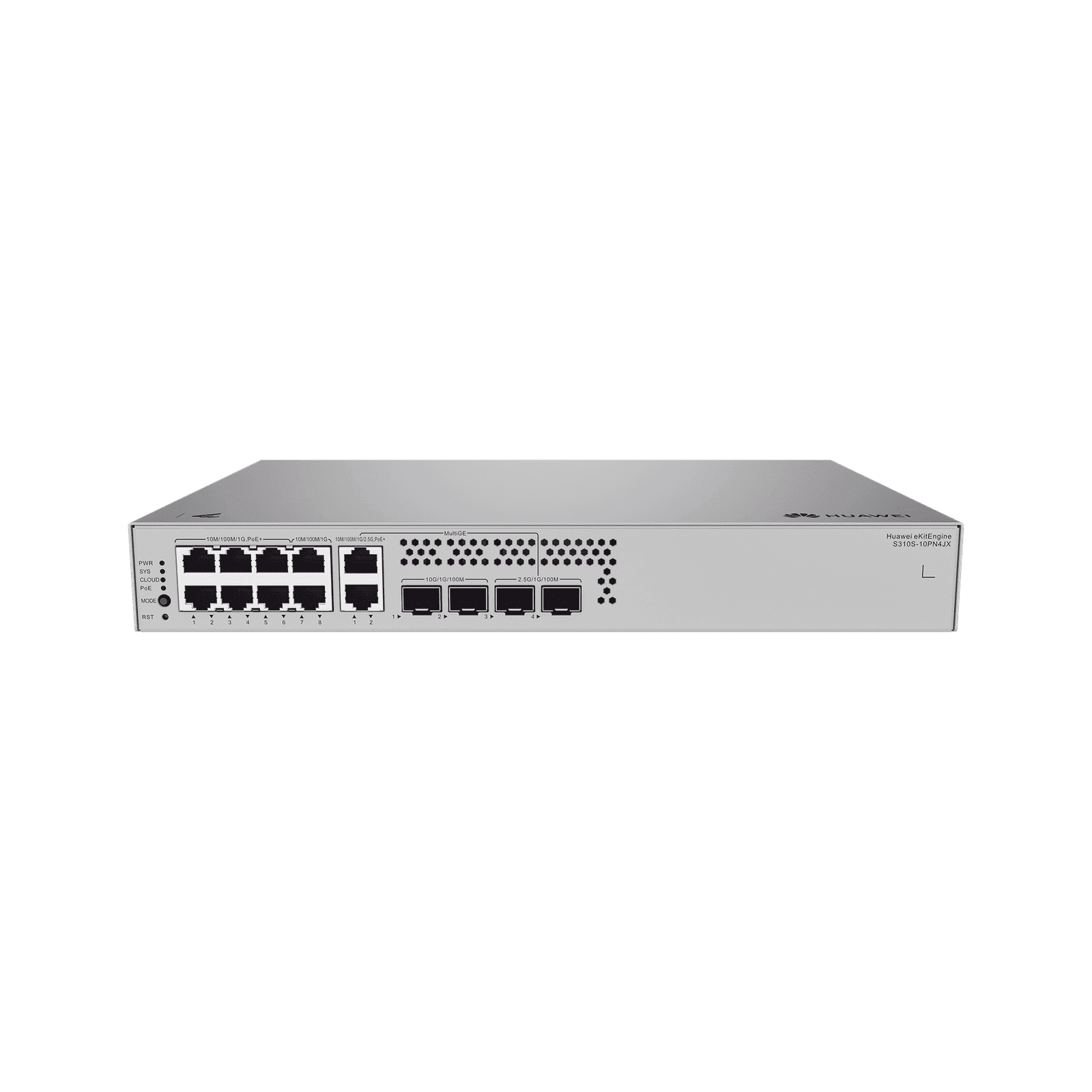 Switch Gigabit Administrable PoE Capa 3 / 8 Puertos 10/100/1000 Mbps (6*PoE) / 2 puertos 2.5GE combo 2 Puertos SFP 2.5GE /2 Puertos SFP+ 10GE / 128W / PoE Perpetuo / iStack / Administración Nube Gratis S310S-10PN4JX - HUAWEI