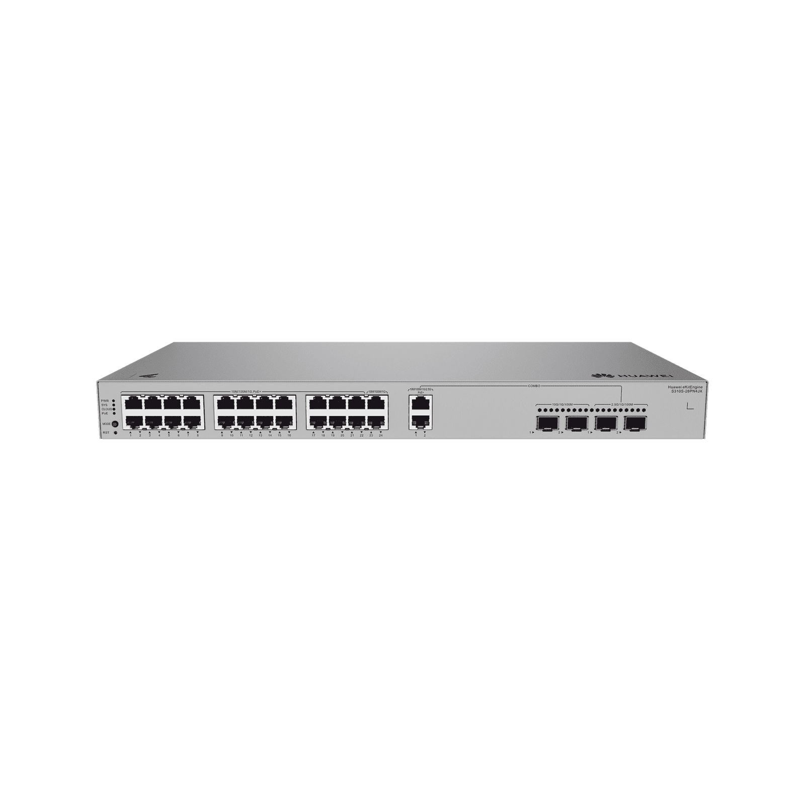 Switch Gigabit Administrable PoE Capa 3 / 24 Puertos 10/100/1000 Mbps (22 PoE) / 2 Puertos 2.5GE (PoE) combo 2 Puertos SFP 2.5GE /2 Puertos SFP+ 10GE / 400W / PoE Perpetuo / iStack / Administración Nube Gratis S310S-26PN4JX - HUAWEI