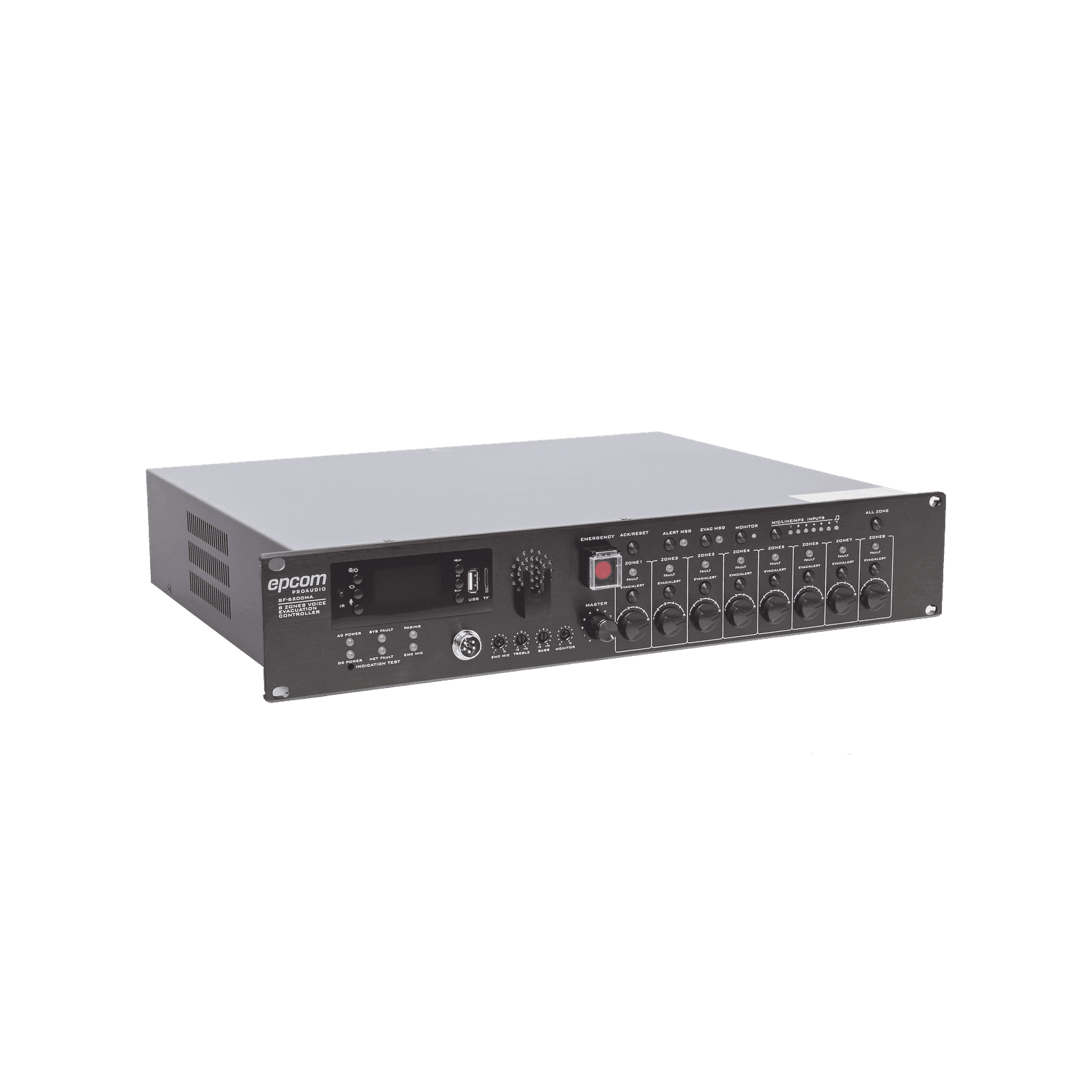 Controlador de Evacuación Por Voz | 500 W | 8 Zonas independientes | 4 entradas de audio y 2 entradas de micrófono SF-6200MA - EPCOM PROAUDIO