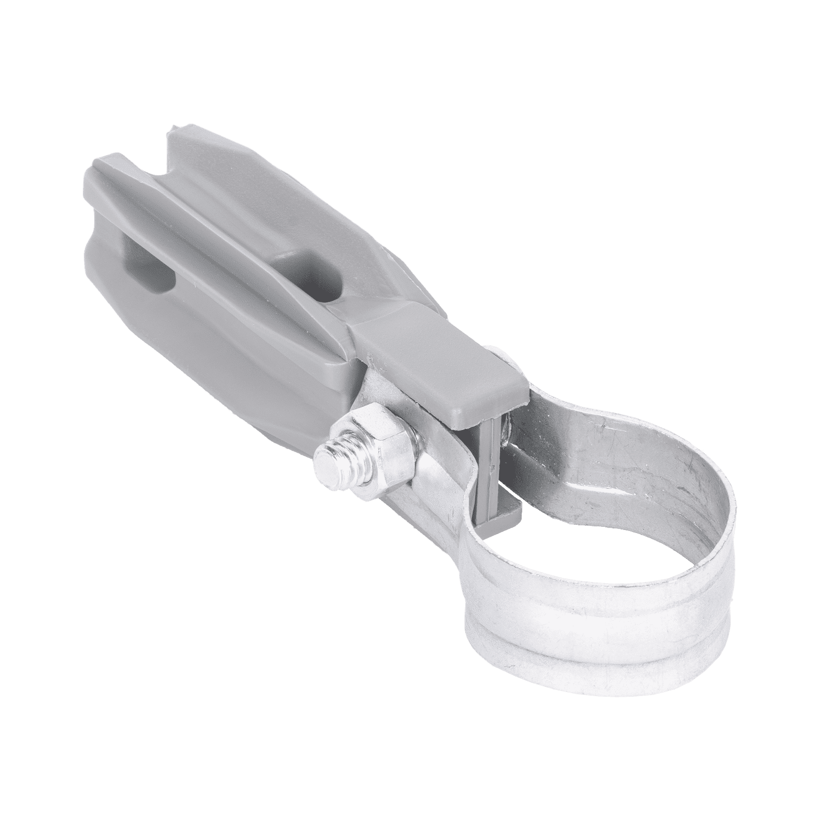 Aislador de paso o esquina de color GRIS con abrazadera incluida de 1 Pulgada para uso en poste cerco eléctrico SFABRAZADERA1PG - SFIRE