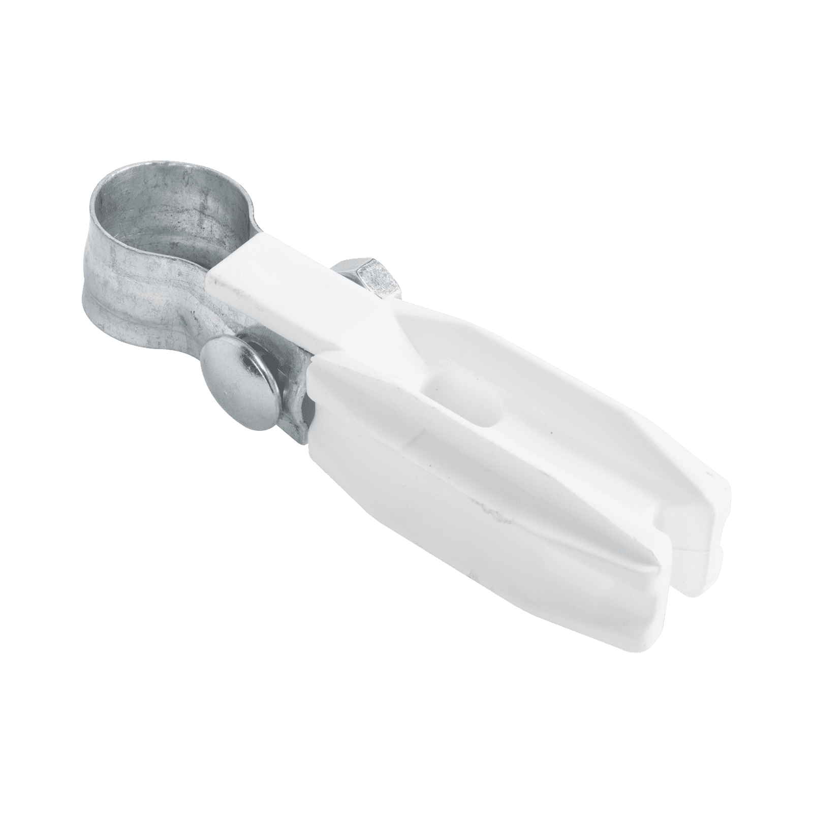 Aislador de paso o esquina de color BLANCO con abrazadera incluida de 1 Pulgada para uso en poste cerco eléctrico SFABRAZADERA1PW - SFIRE