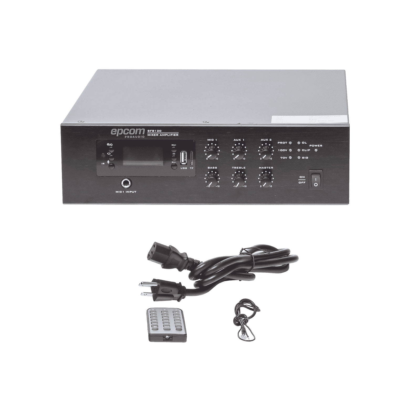 Mini Amplificador de Audio Mezclador | 120W RMS | Sistema 70/100V | MP3 | Tuner | Bluetooth | Musica ambiental y Voceo SF-B120 - EPCOM PROAUDIO
