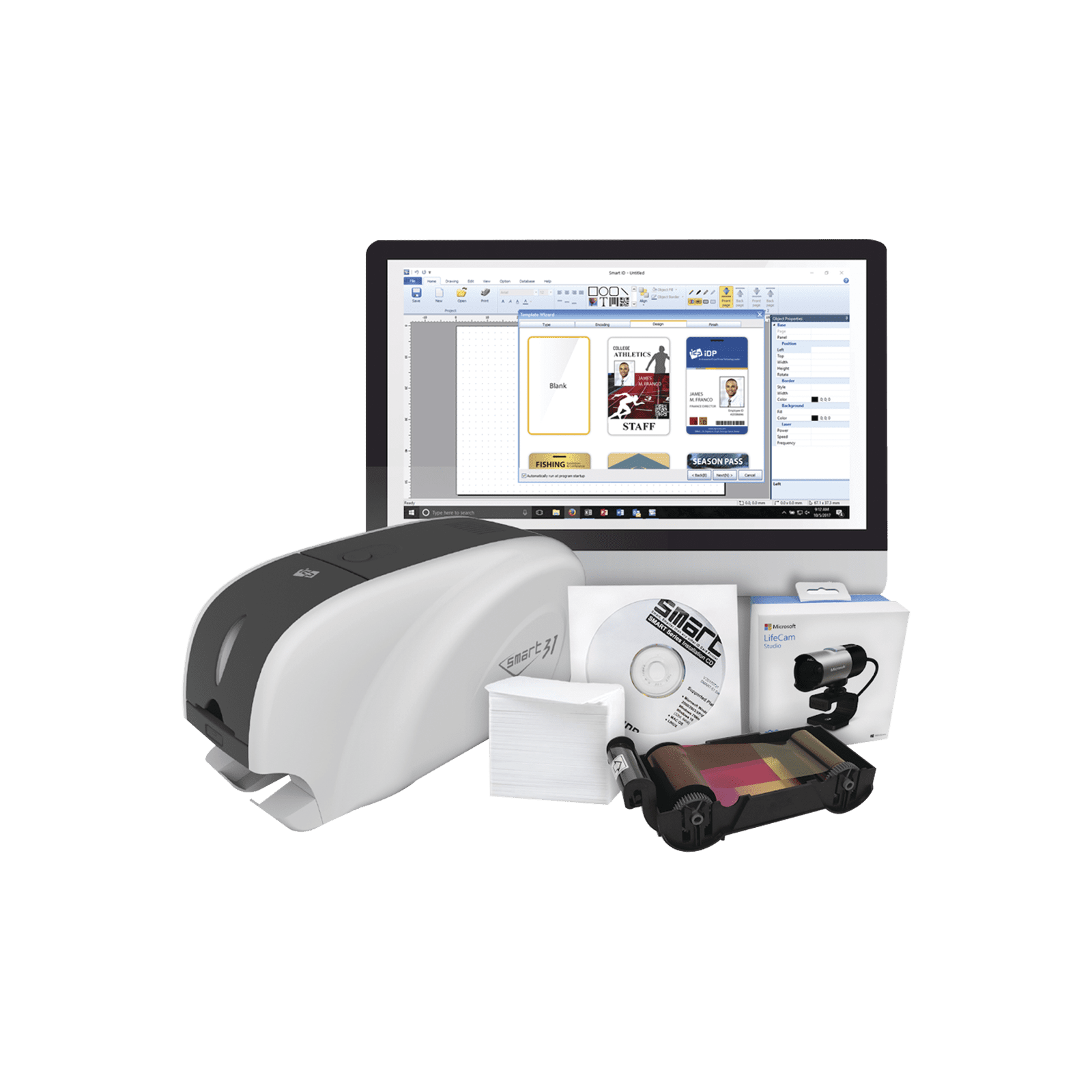 Kit Impresora de tarjetas PVC/ Una Cara /incluye: 2 x Ribbons, 100 Tarjetas PVC, Software, Kit Limpieza, Garantia 3 Años, Mascara de Seguridad OV SMART31-SK - IDP