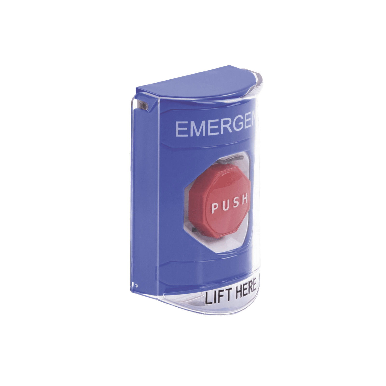 Botón Multipropósito, Color Azul, De Superficie, Con Tapa De Policarbonato, Con Bocina Pre Alarma, Para Interior, Llave Para Restablecer, Texto De Emergencia, Ingles SS24A2EM-EN - STI