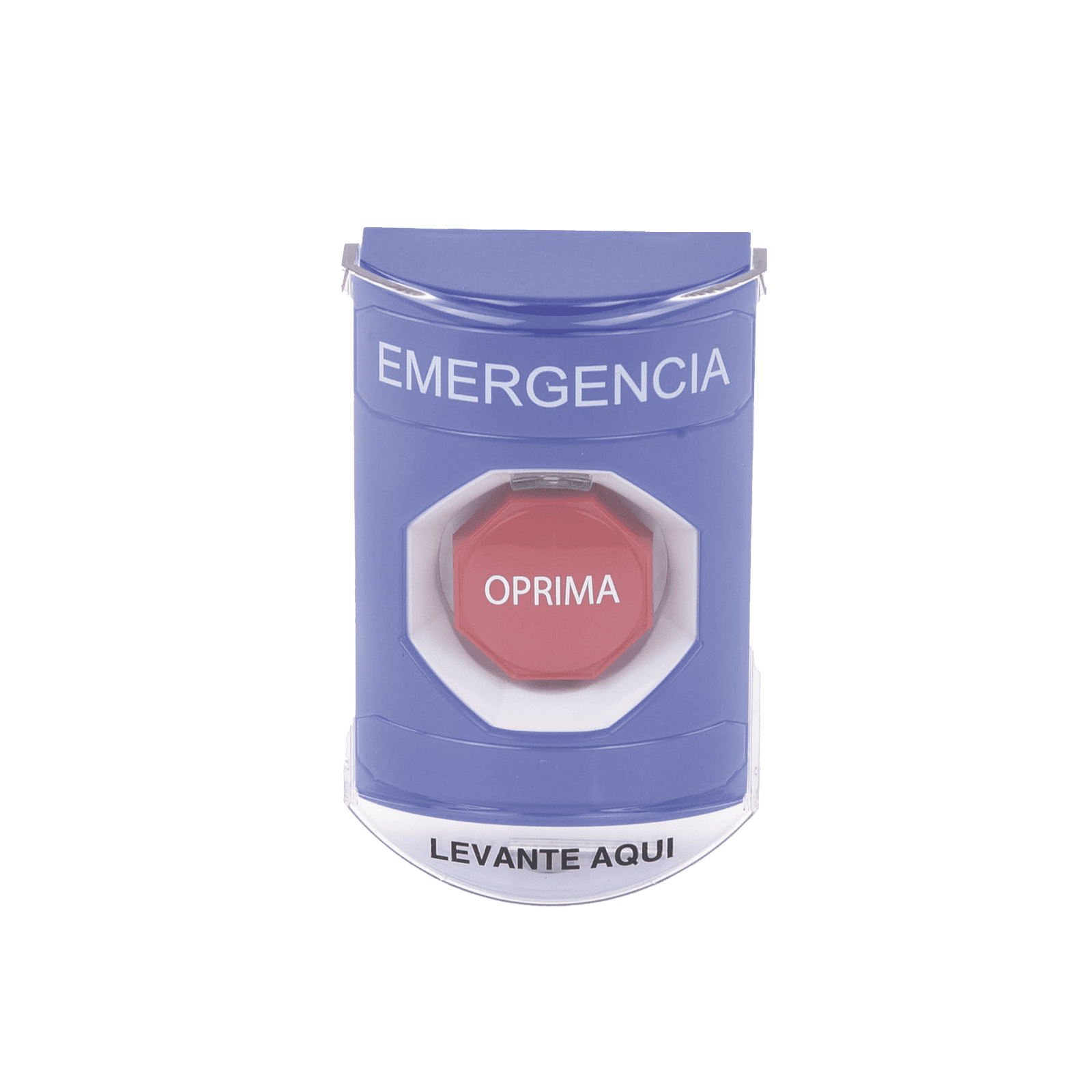 ?Botón Multipropósito, Color Azul, De Superficie, Con Tapa De Policarbonato, Con Bocina Pre Alarma, Para Interior, Llave Para Restablecer, Texto De Emergencia, Español SS24A2EM-ES - STI
