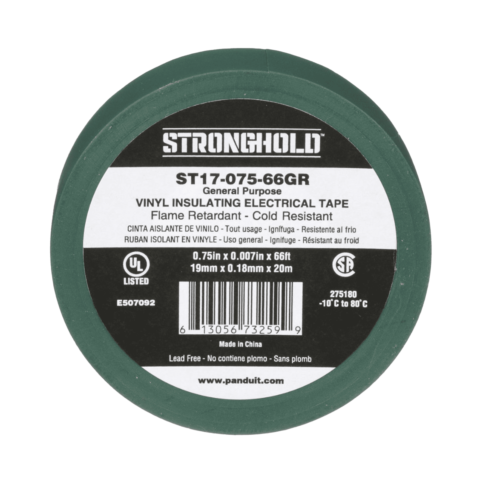 Cinta Eléctrica STRONGHOLD para Aislar, de PVC, Uso General Reparación y Mantenimiento, Grosor de 0.18mm (7 mil), Ancho de 19mm, y 20.12m de Largo, Color Verde ST17-075-66GR - PANDUIT