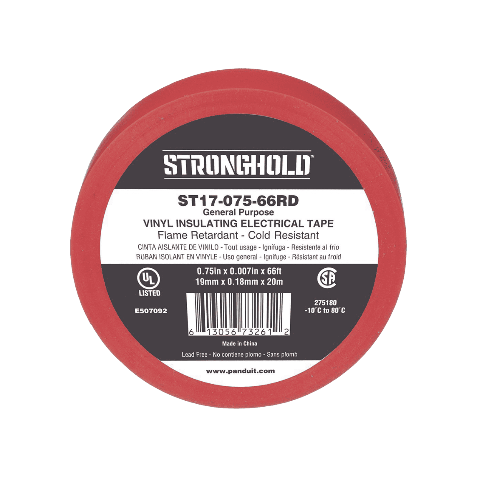 Cinta Eléctrica STRONGHOLD para Aislar, de PVC, Uso General Reparación y Mantenimiento, Grosor de 0.18mm (7 mil), Ancho de 19mm, y 20.12m de Largo, Color Rojo ST17-075-66RD - PANDUIT