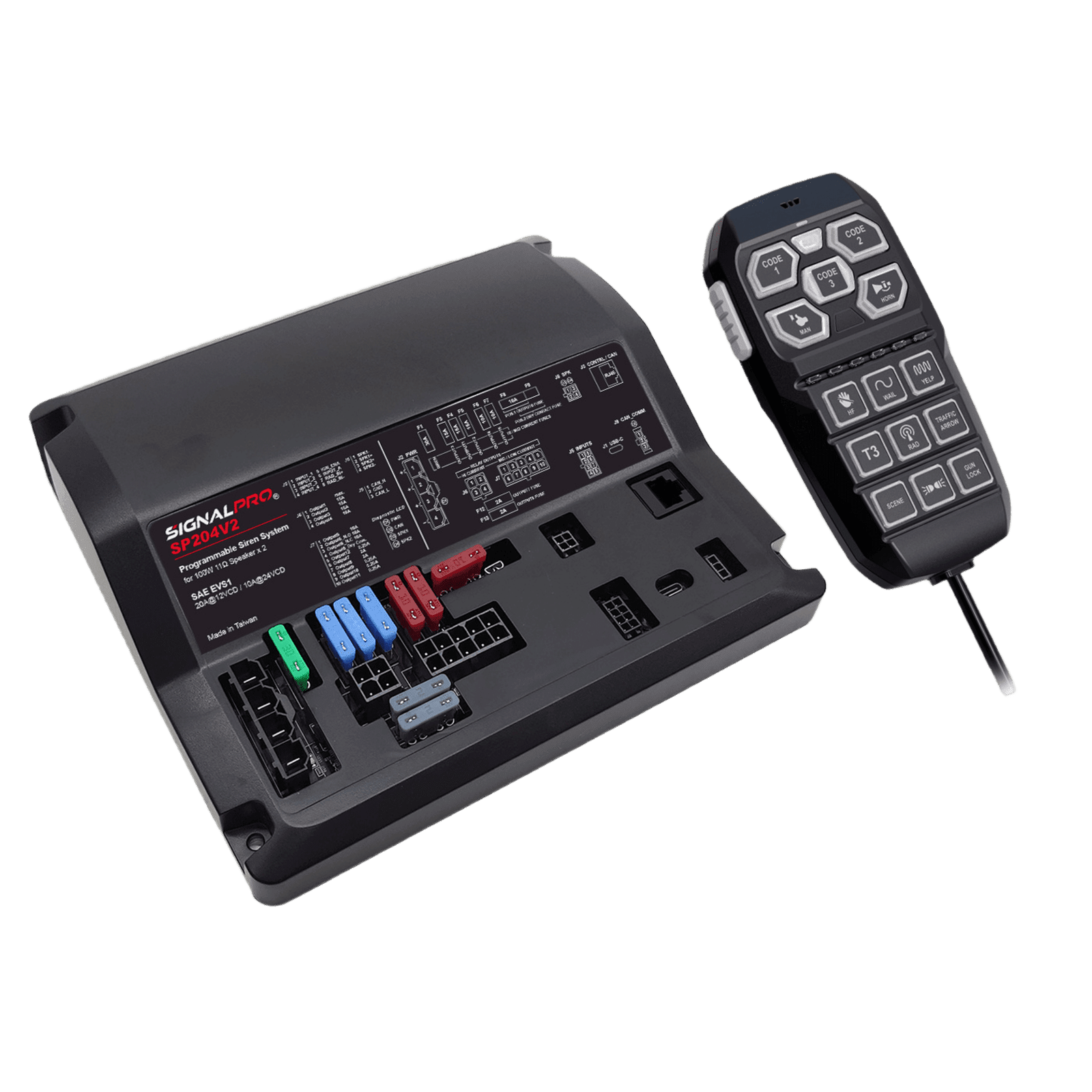 Sirena Vehicular de 200W de Potencia, Programable, Con Controlador Unimando de 15 Botones Para Control de Tonos, 12 Salidas Auxiliares y Micrófono SP204V2 - SIGNALPRO