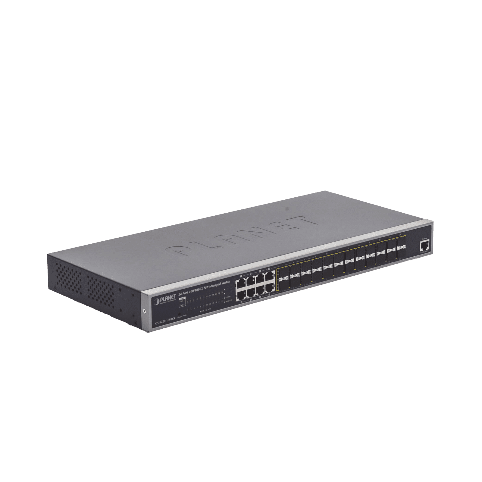 Switch Administrable Capa 2 con Fuente de Alimentación Redundante, 24 Puertos SFP Gigabit 100/1000X, 8 Puertos Combo RJ45 Gigabit. GS-5220-16S8CR - PLANET