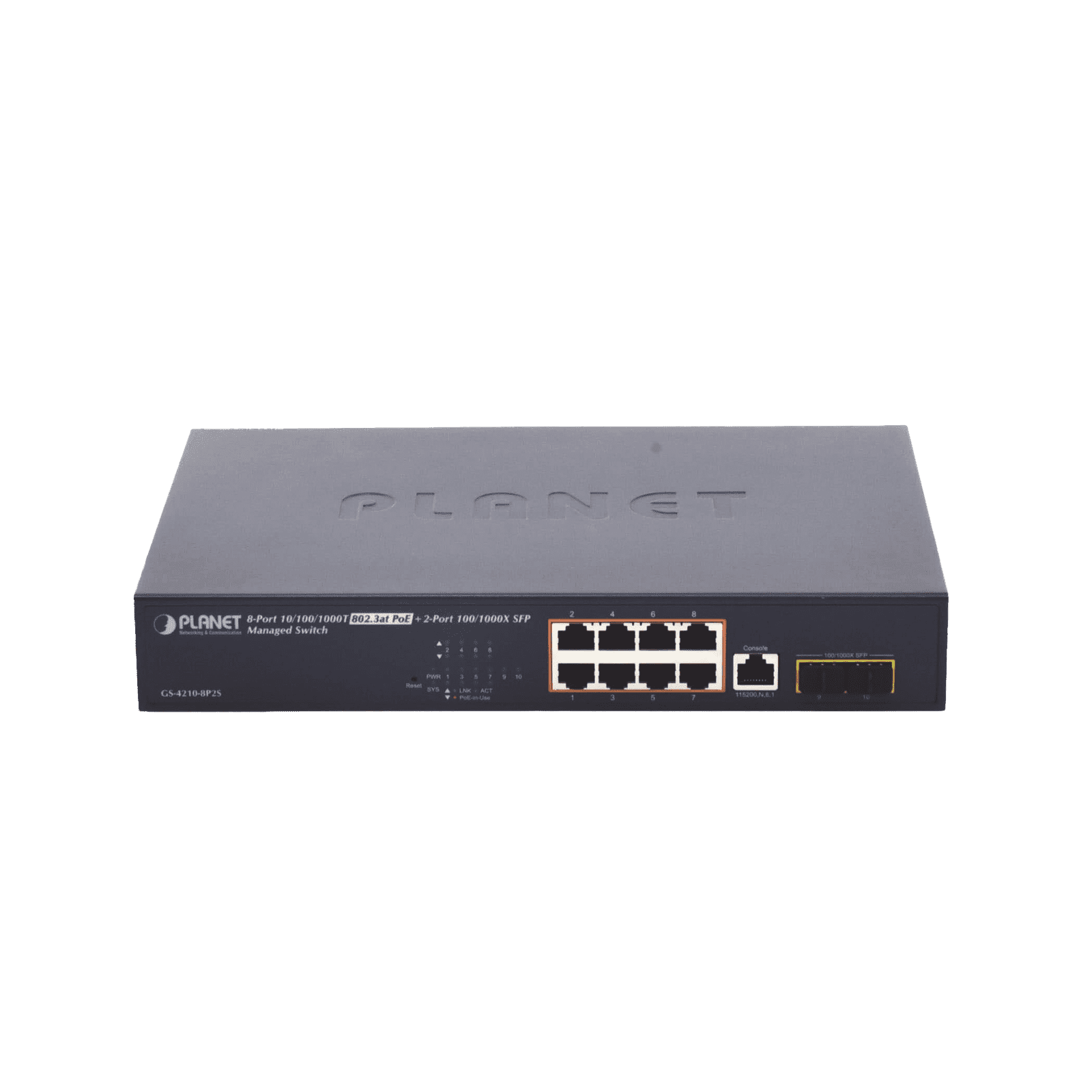 Switch Administrable Capa 2 de 8 Puertos PoE 802.3af/at Gigabit 140 W Max, 2 Puertos SFP, Modo Extendido Hasta 250 m. GS-4210-8P2S - PLANET