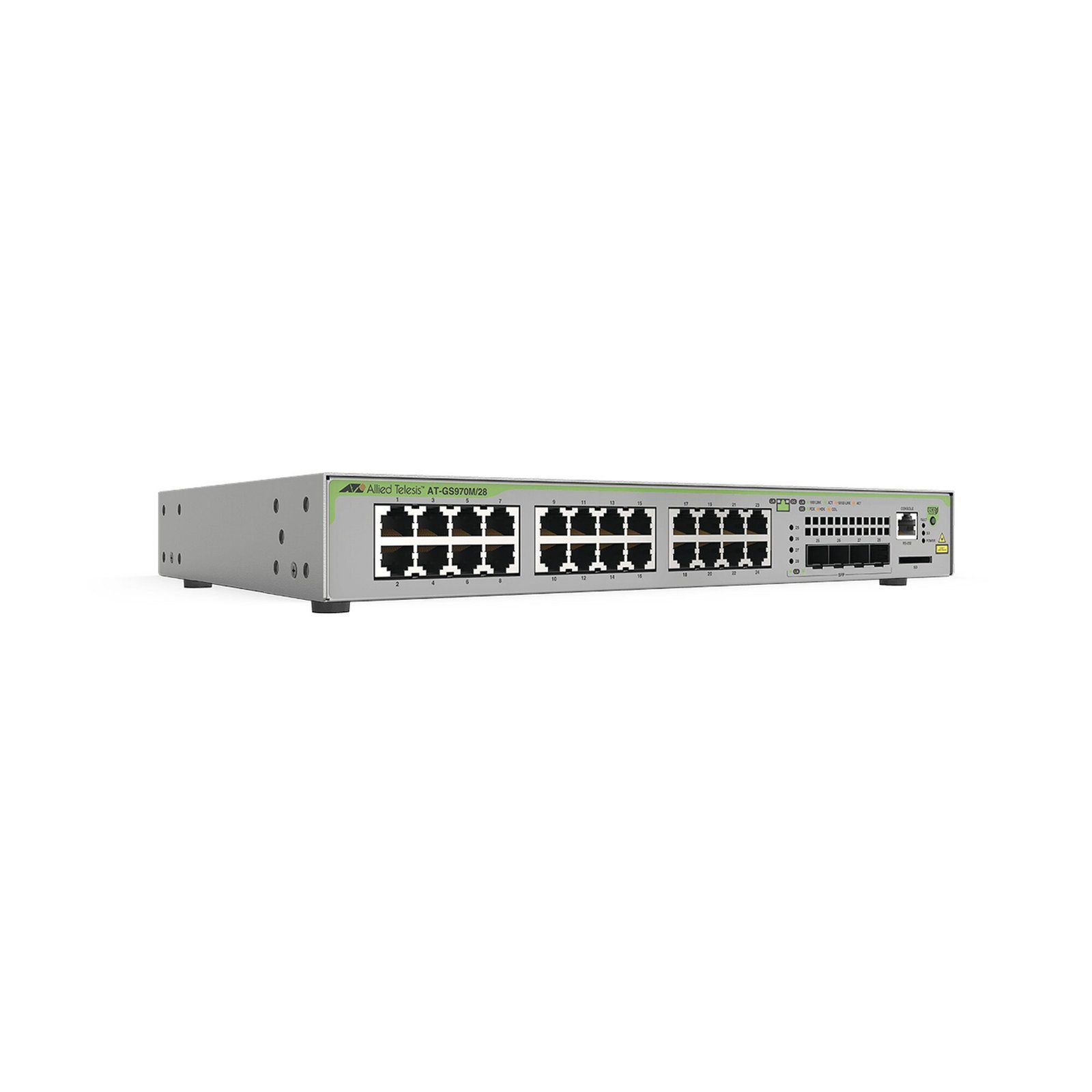 Switch Administrable CentreCOM GS970M, Capa 3 de 24 Puertos 10/100/1000 Mbps + 4 SFP Gigabit AT-GS970M/28-10 - ALLIED TELESIS