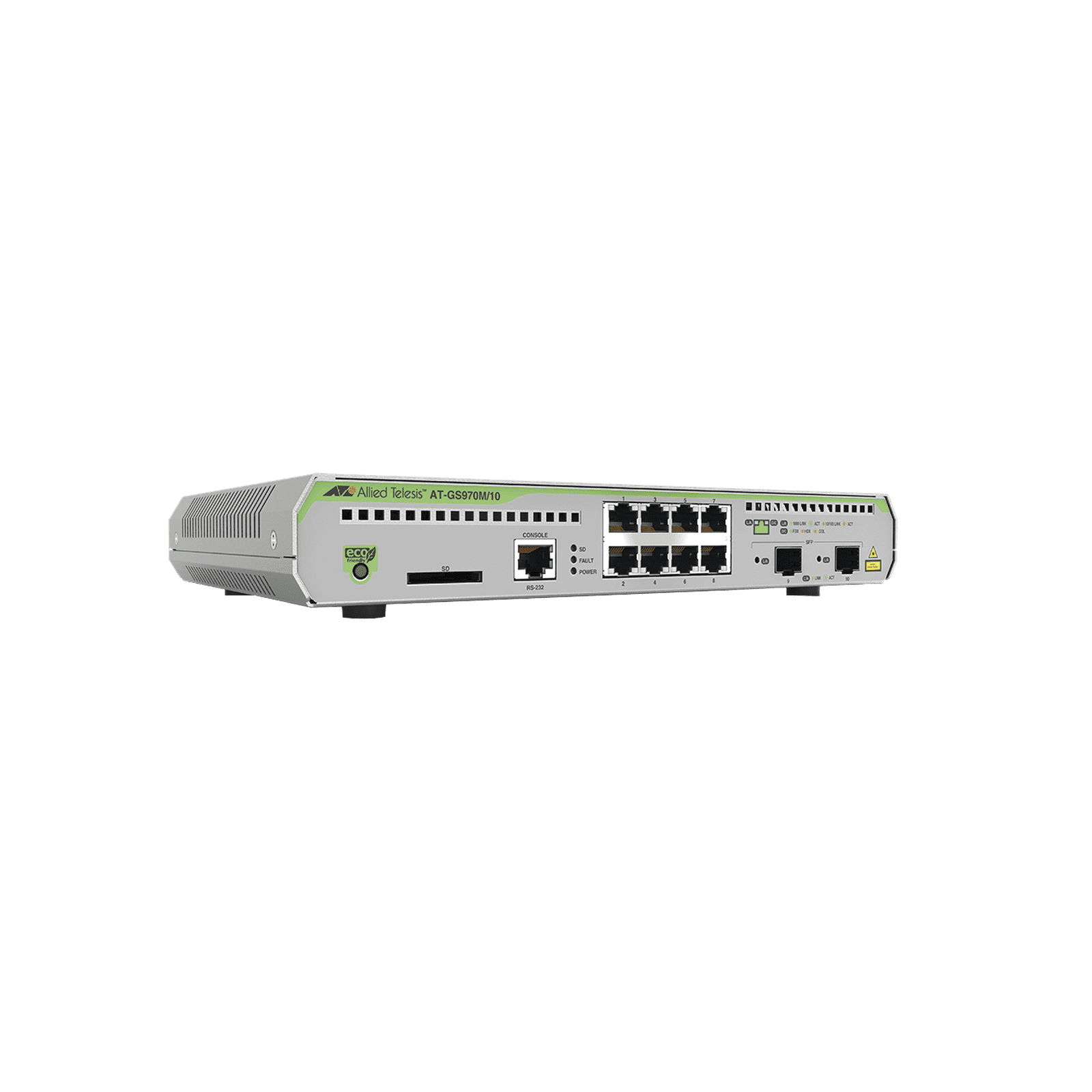 Switch Administrable CentreCOM GS970M, Capa 3 de 8 Puertos 10/100/1000 Mbps + 2 puertos SFP Gigabit AT-GS970M/10-10 - ALLIED TELESIS