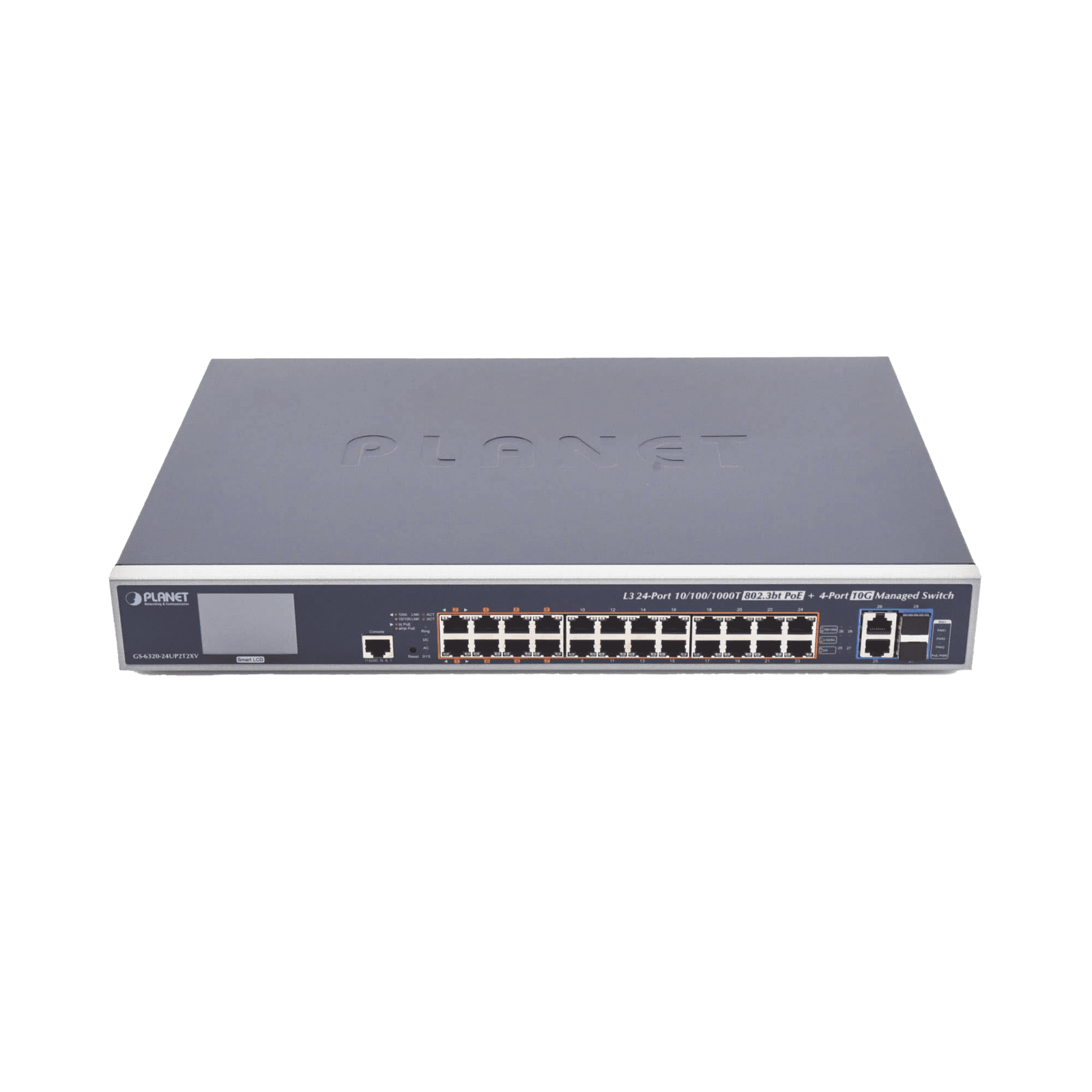 Switch Administrable L3, 24 puertos Gigabit PoE 802.3bt, 2 puertos 10G SFP+, Pantalla Tactil, Fuente Redundante, (600W) GS-6320-24UP2T2XV - PLANET