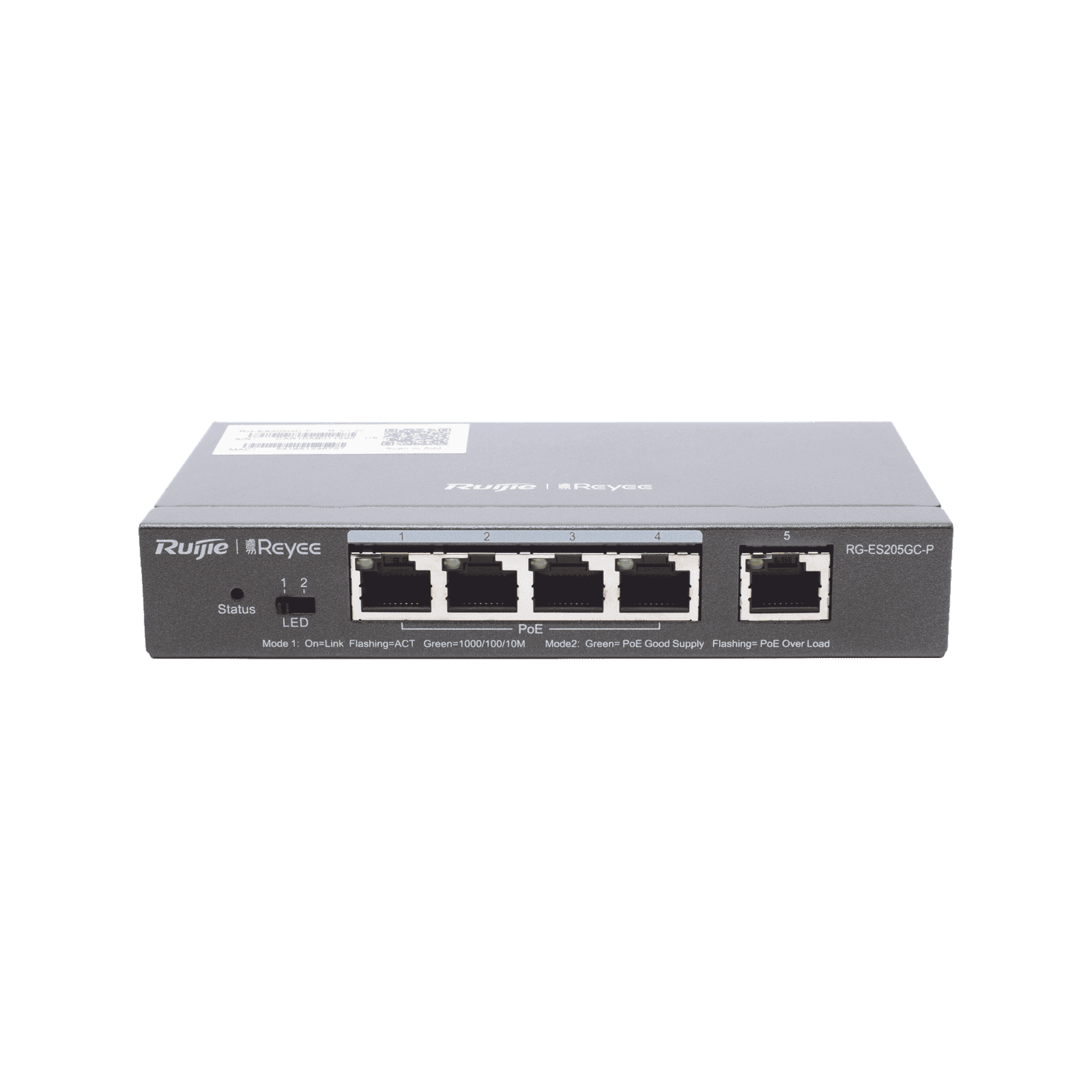 Switch Administrable PoE con 5 puertos Gigabit, 4 PoE 802.3af/at, gestión gratuita desde la nube, 54w RG-ES205GC-P - RUIJIE