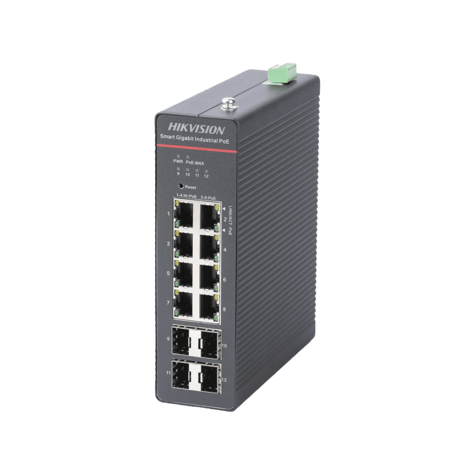 Switch Gigabit PoE+ / Industrial / Administrable / 4 Puertos Gigabit PoE+ (90 W) + 4 Puertos Gigabit PoE+(30 W) / 4 Puertos Gigabit SFP / 300 W Total / 48 a 57 VCD / Ideal para Proyectos / 300 Metros de Distancia DS-3T1512HP-SI-8P4F - HIKVISION