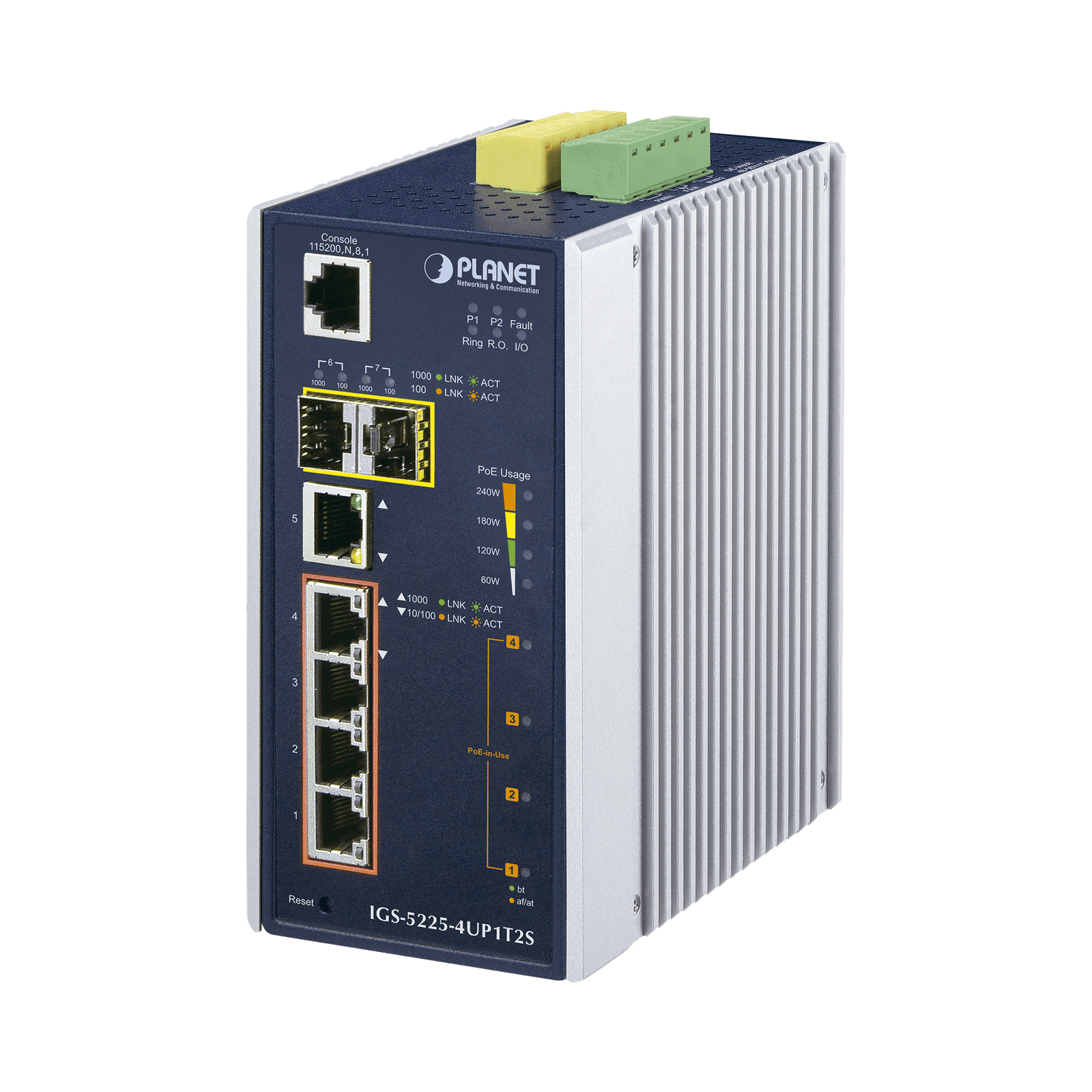Switch Industrial Administrable 4 Puertos Gigabit c/Ultra PoE 802.3af/at, 2 Puertos SFP IGS-5225-4UP1T2S - PLANET