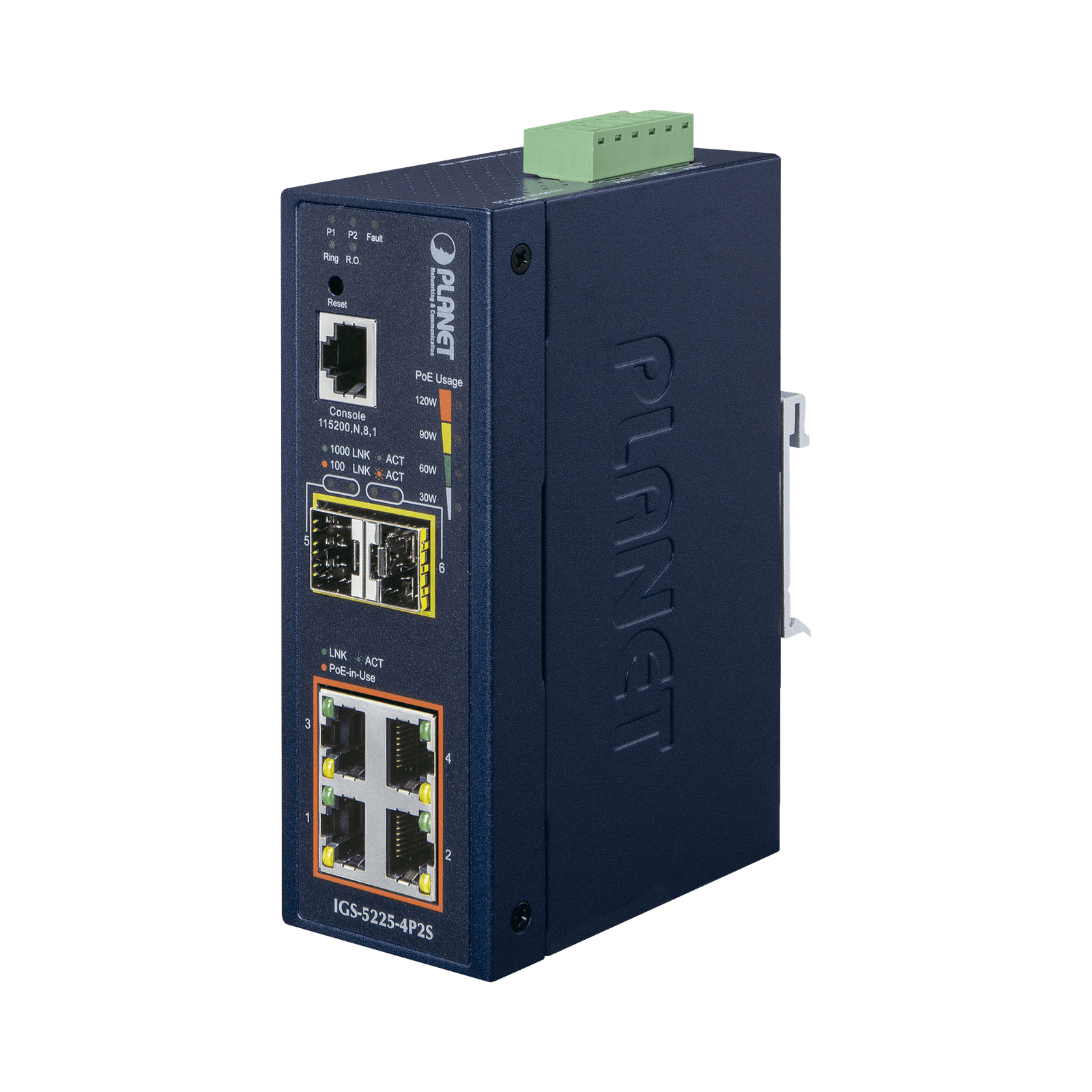 Switch Industrial Administrable Capa 2, 4 Puertos PoE 802.3af/at 10/100/1000T, 2 Puertos SFP 100/1000X IGS-5225-4P2S - PLANET