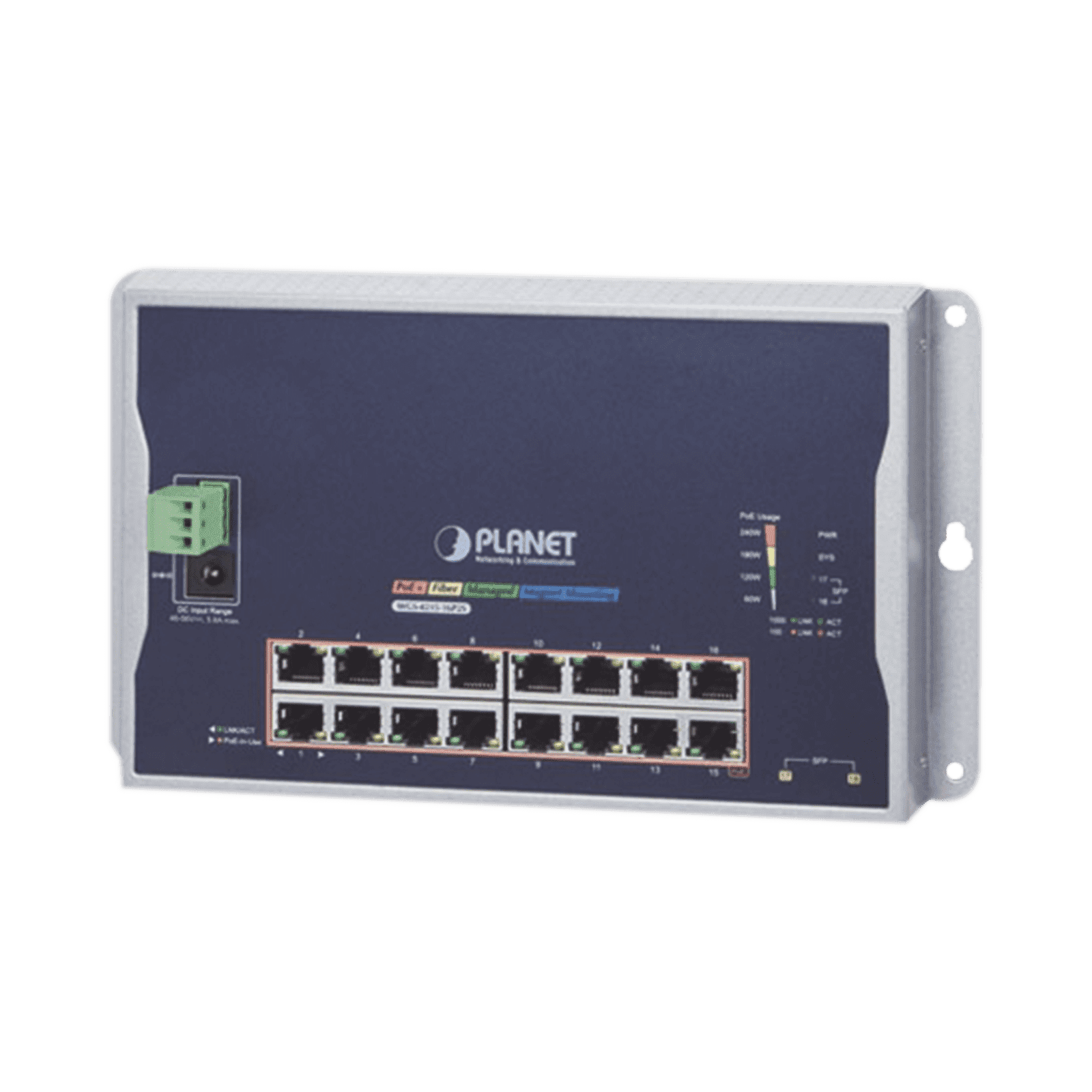 Switch Industrial Administrable Capa 2 de Pared,16 Puertos PoE 802.3at Gigabit y 2 Puertos SFP WGS-4215-16P2S - PLANET