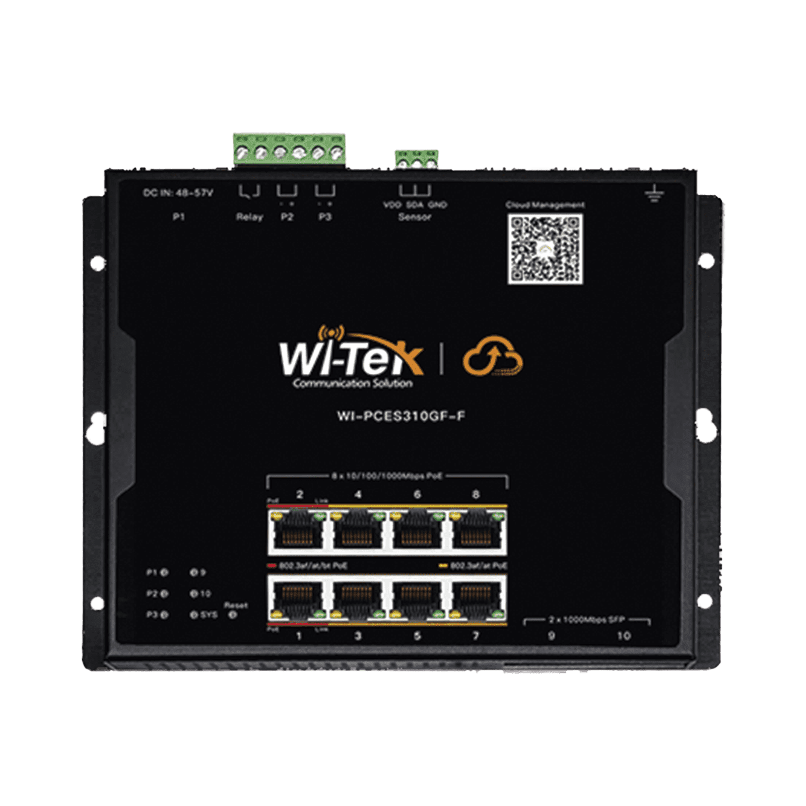 Switch L2 PoE Industrial / Administración Cloud Gratuita / 8 Puertos PoE af/at/bt 10/100/1000 Mbps / 2 Puertos SFP Gigabit / Máx Presupuesto PoE 145 W / Montaje Magnético – Riel DIN. WI-PCES310GF-F - WI-TEK