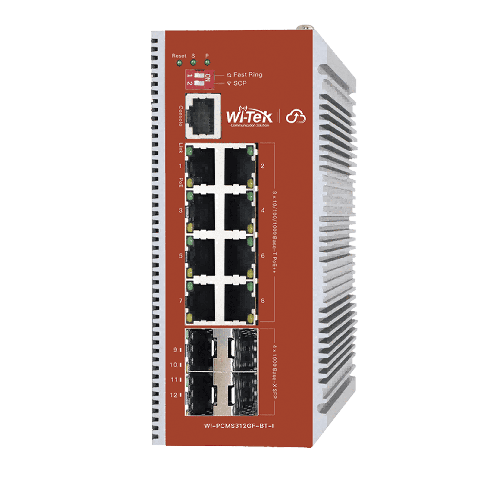 Switch L2+ PoE Industrial / Administración Cloud-Web-CLI / 8 Puertos PoE af/at/bt 100/1000 Mbps / 2 Puertos SFP Gigabit / Presupuesto PoE 460 W / Protocolo ERSP (redundancia enlaces) WI-PCMS312GF-BT-I - WI-TEK