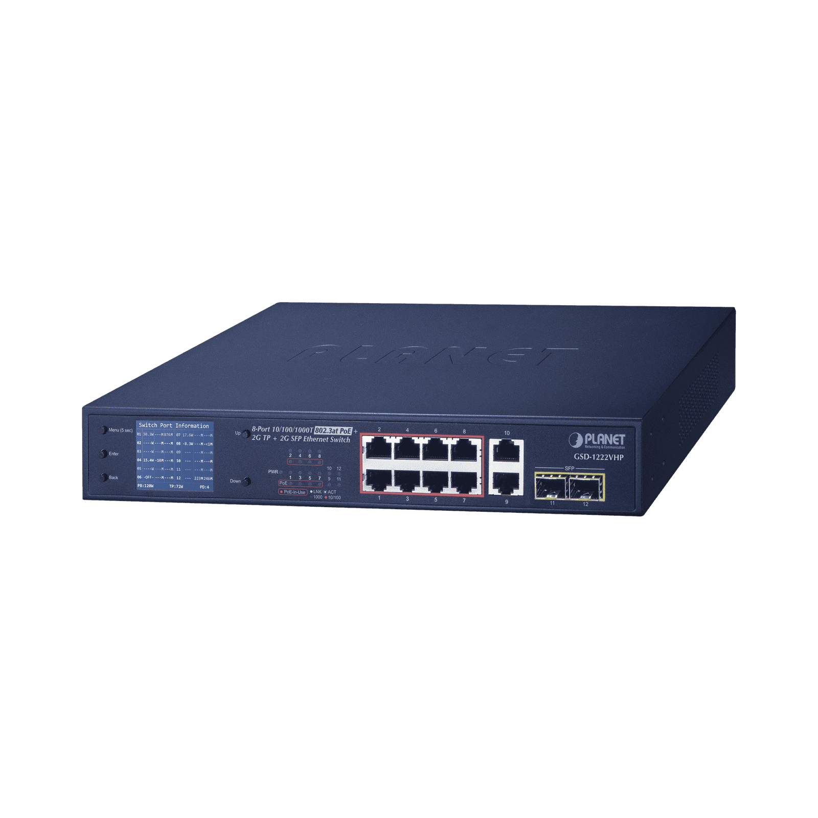 Switch No Administrable 8 Puertos Gigabit con Modo Extend PoE a 250 mts, 2 puertos Uplink 10/100/1000 Mbps, 2 Puertos SFP GSD-1222VHP - PLANET