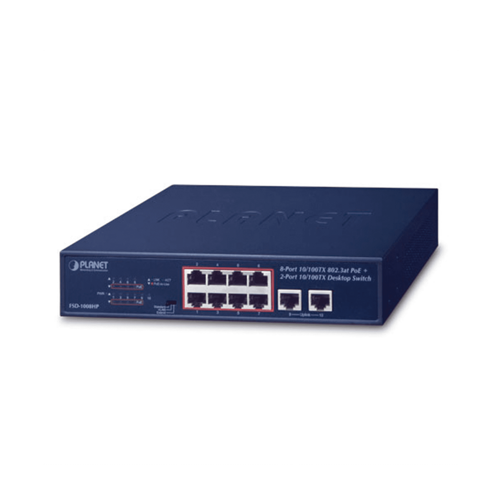 Switch No Administrable de Escritorio y Rack, 8 Puertos Fast Ethernet con  PoE 802.3af/at, 2 Puertos Uplink, Hasta 250 m en Modo Extendido FSD-1008HP - PLANET