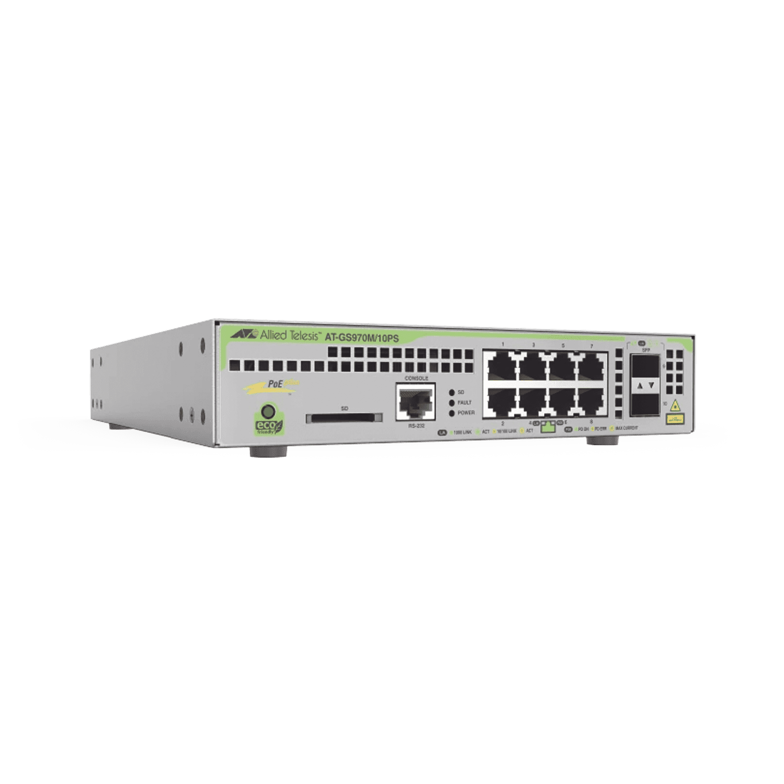 Switch PoE+ Administrable CentreCOM GS970M, Capa 3 de 8 Puertos 10/100/1000 Mbps + 2 SFP Gigabit, 124 W AT-GS970M/10PS-R-10 - ALLIED TELESIS