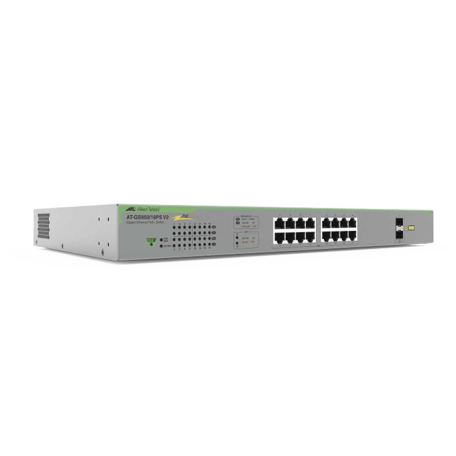 Switch PoE+ Gigabit WebSmart de 16 puertos 10/100/1000 Mbps (2 x Combo) + 2 puertos gigabit SFP (Combo), 185 W AT-GS950/18PS-V2-10 - ALLIED TELESIS