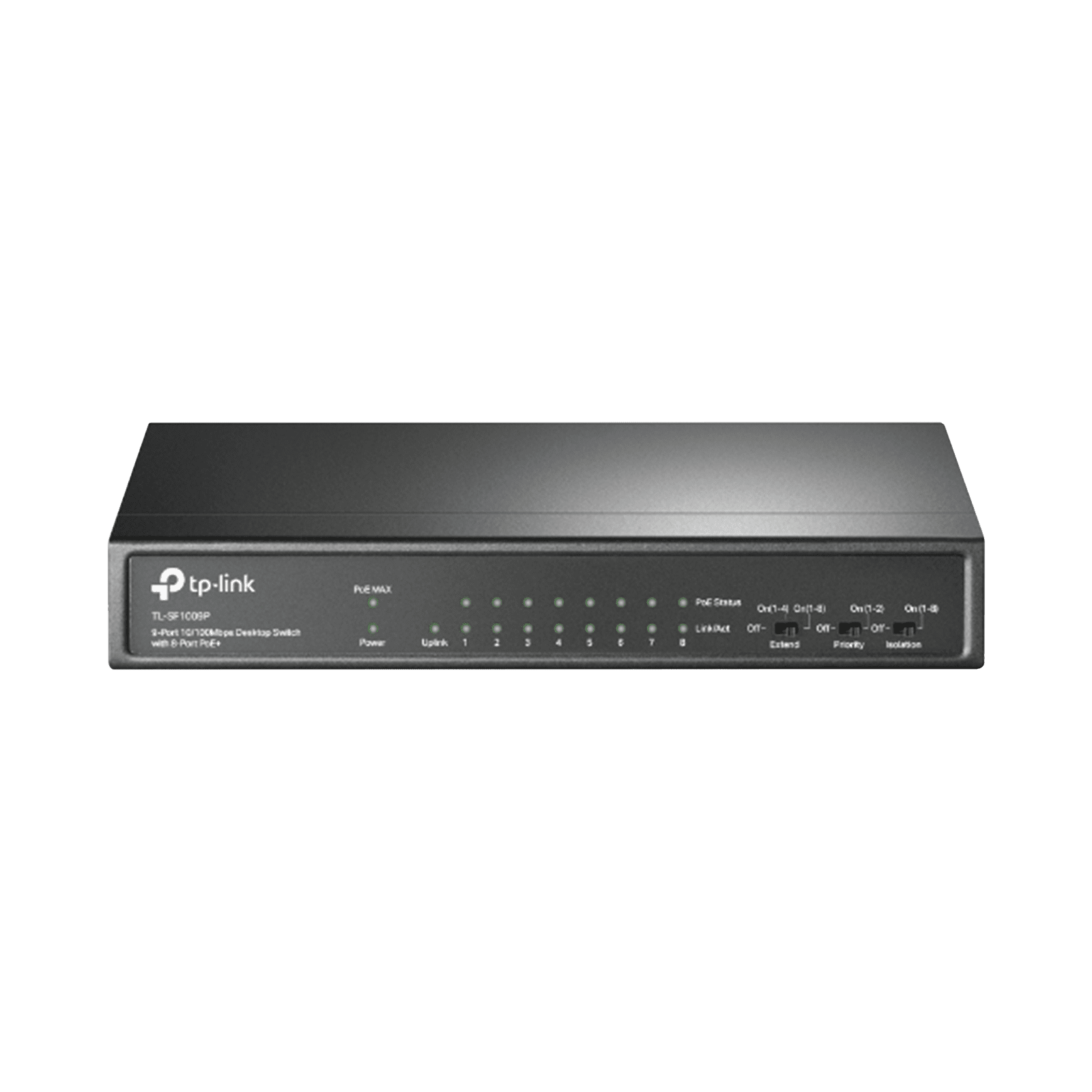 Switch PoE+ No Administrable / De Escritorio 9 puertos 10/100 Mbps / 8 puertos PoE af/at Inteligente / Presupuesto 65 W / Hasta 250 metros TLSF1009P - TP-LINK