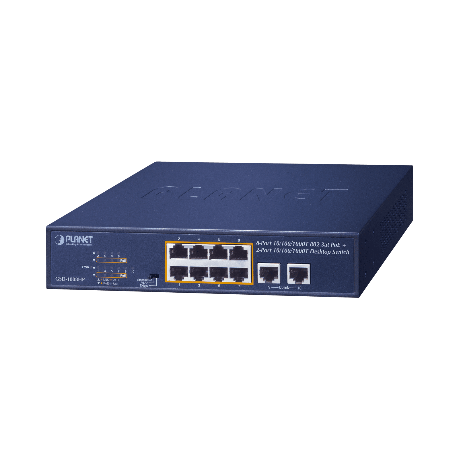 Switch PoE No Administrable, Modo Extendido Hasta 250 m, 10 Puertos 10/100/1000 Mbps, 8 Puertos PoE 802.3af/at, 2 Puertos Uplink, Hasta 120 W GSD-1008HP - PLANET