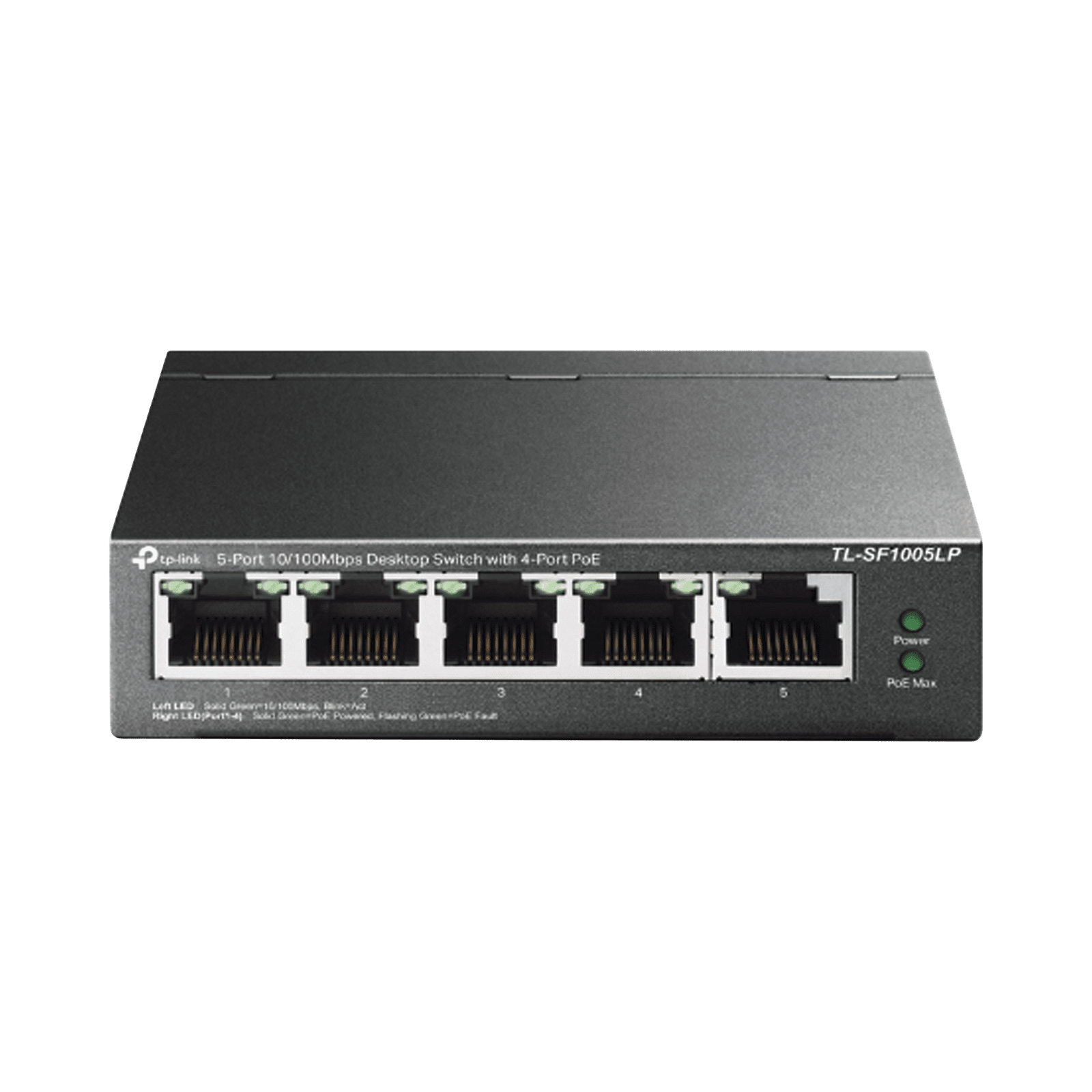 Switch PoE No Administrable de Escritorio / 5 puertos 10/100 Mbps / 4 puertos PoE af / Presupuesto 41 W / Modo extensor PoE hasta 250 metros / Calidad video prioritaria TLSF1005LP - TP-LINK