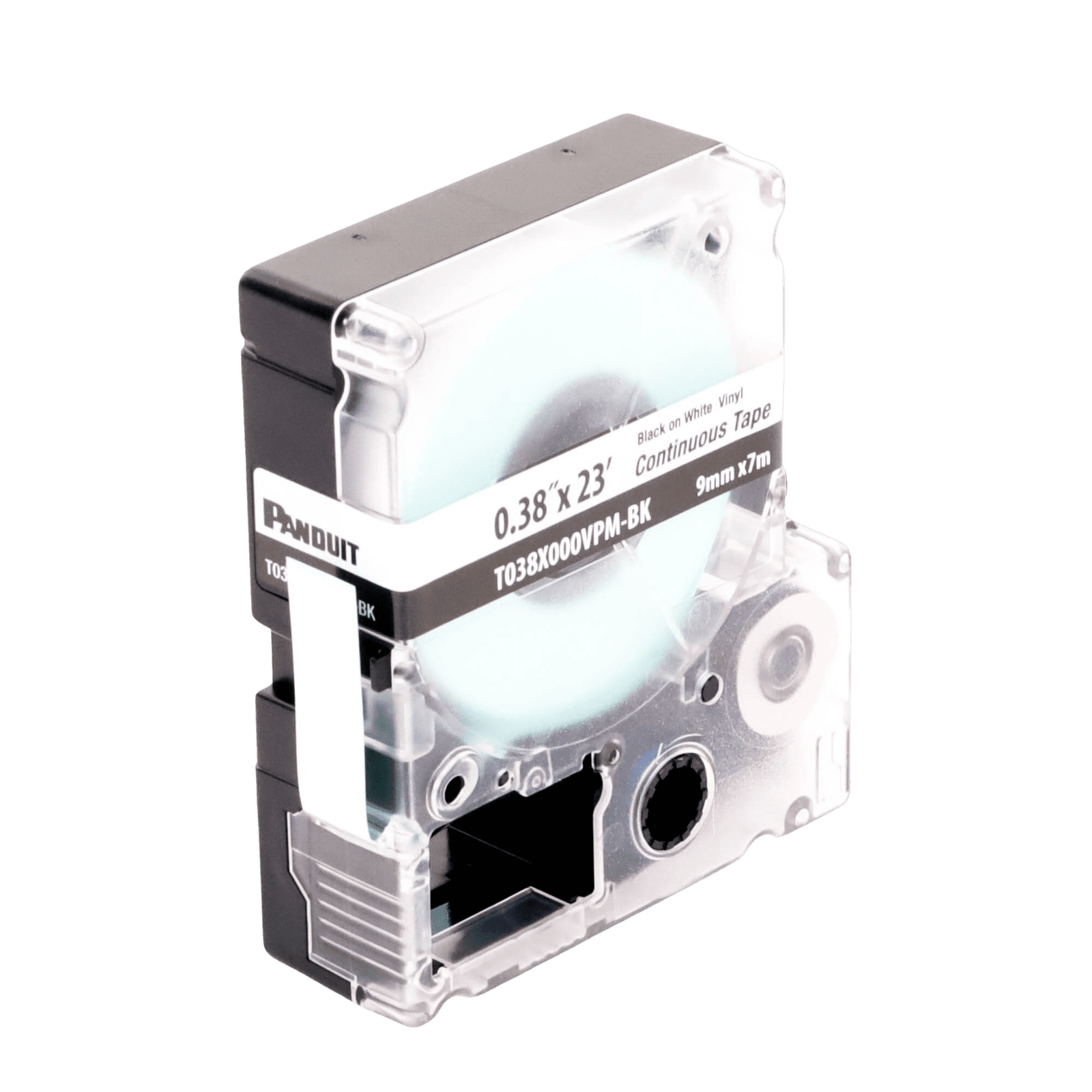 Casete de Etiquetas de Vinilo de Cinta Continua, Color Negro Sobre Blanco, Uso Interior/Exterior, 9 mm de Ancho x 7.6 Metros de Largo T038X000VPM-BK - PANDUIT