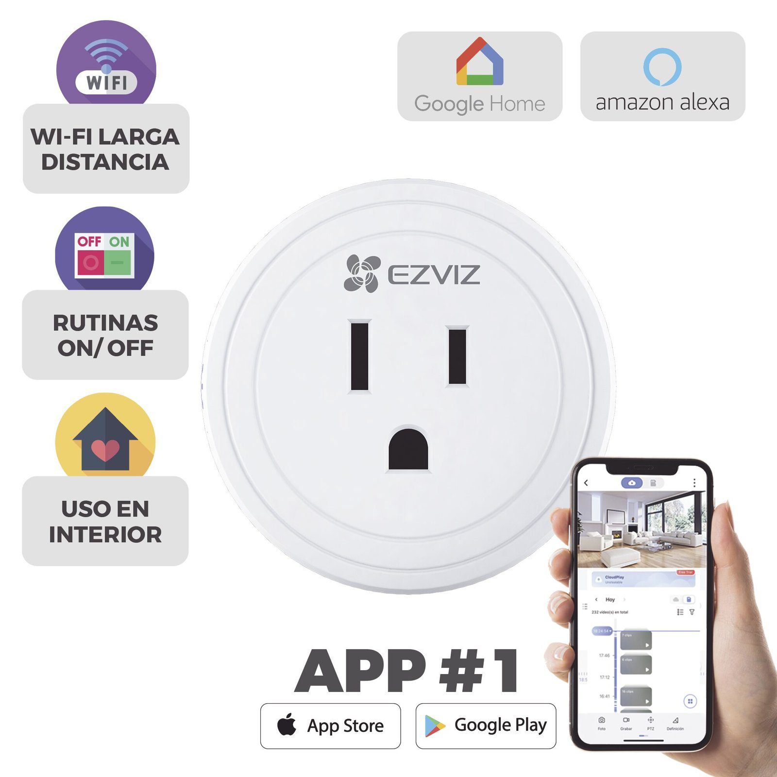 Enchufe Inteligente / Wi-Fi / Control a través de la Aplicación Móvil / Conecte los Dispositivos del Hogar / Permite Personalizar Horarios / Soporta Asistente de Voz de Google y Alexa T30 - EZVIZ