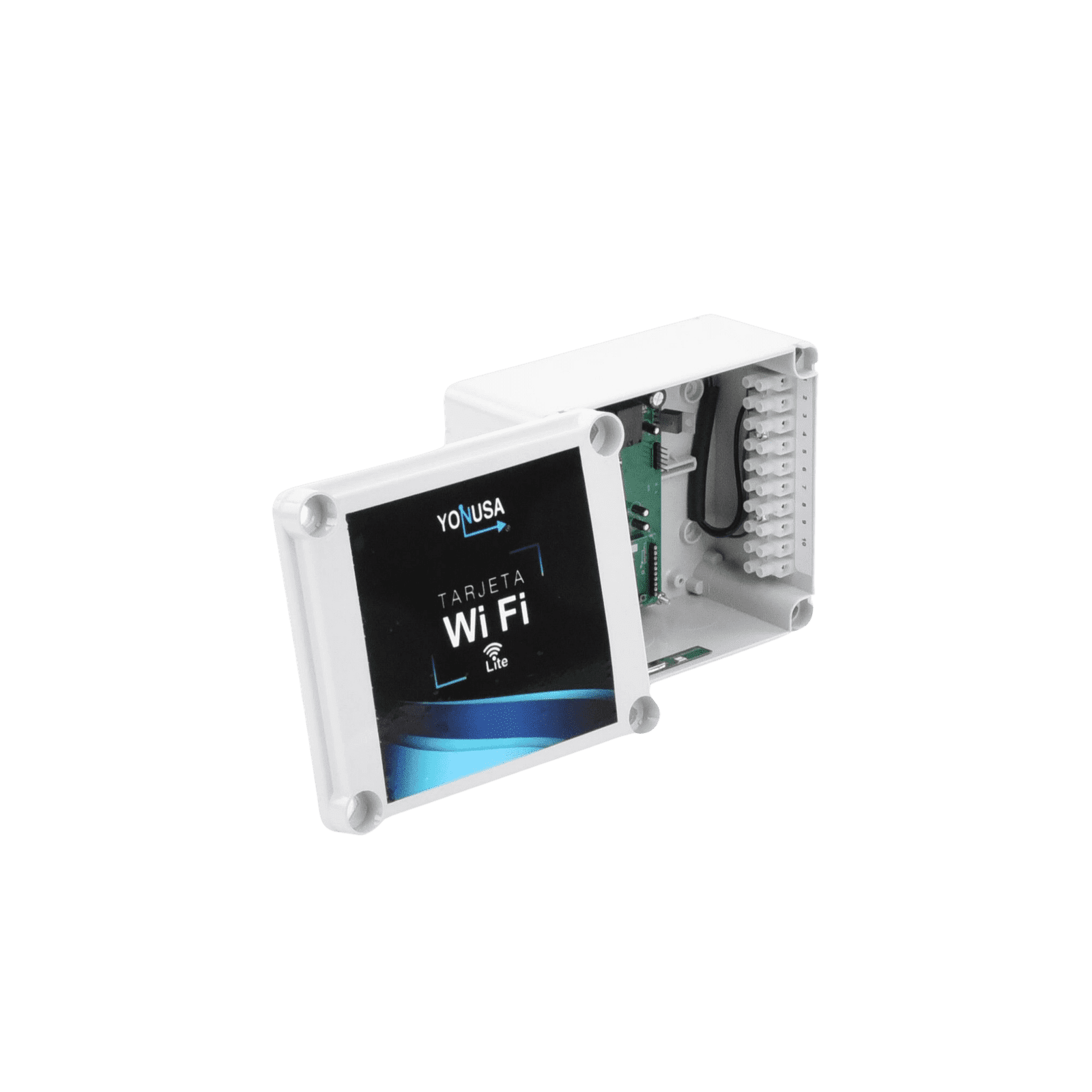Modulo WIFI LITE con gabinete para uso en Energizadores YONUSA / Aplicación sin costo / Botón de Pánico/ 1 Salida Propósito General TARJET-WIFI-LITE - YONUSA