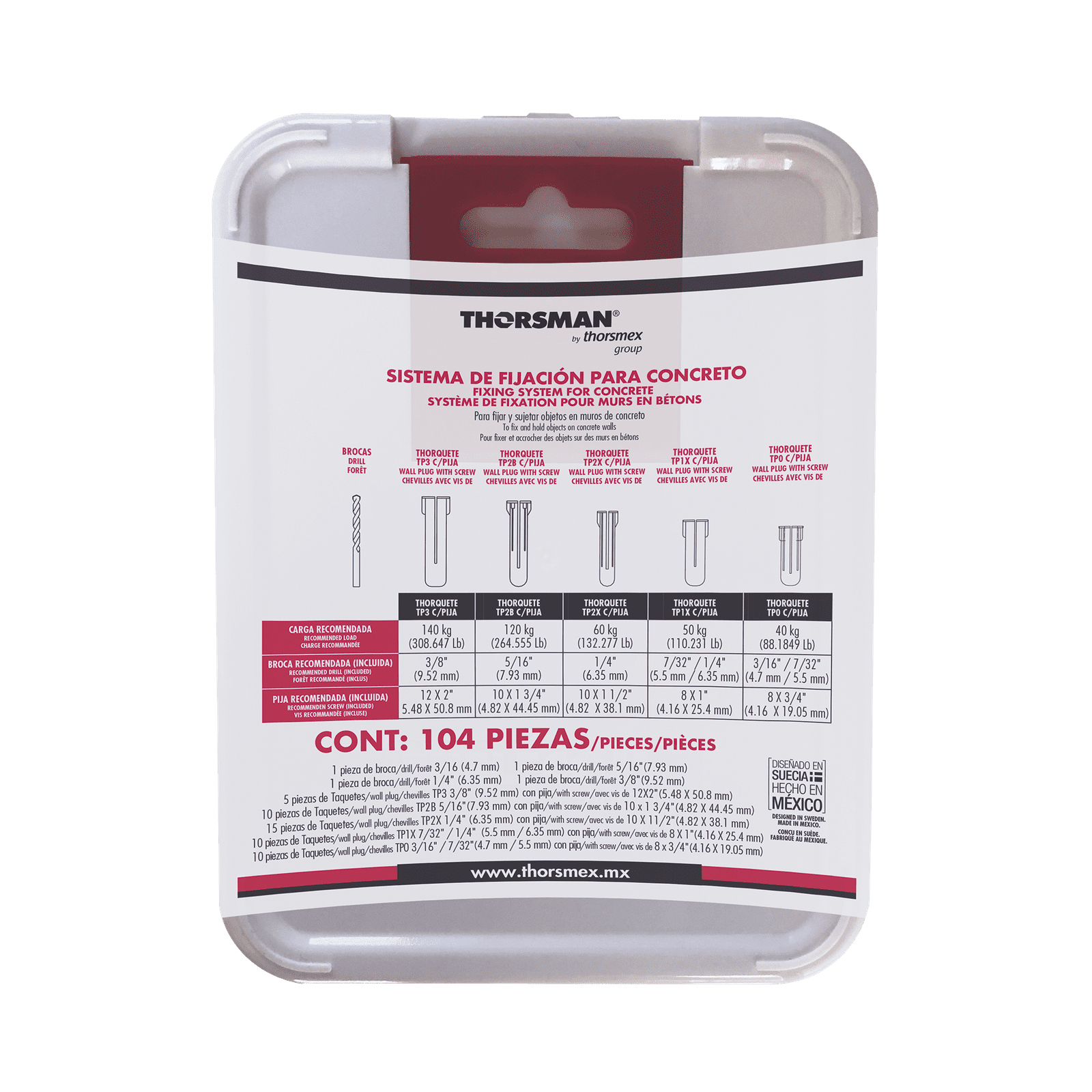 Kit para Sistemas de Fijación en Concreto, Taquetes con doble expansión y guía incluida para fácil instalación (104 piezas) TH-KIT-FC - THORSMAN