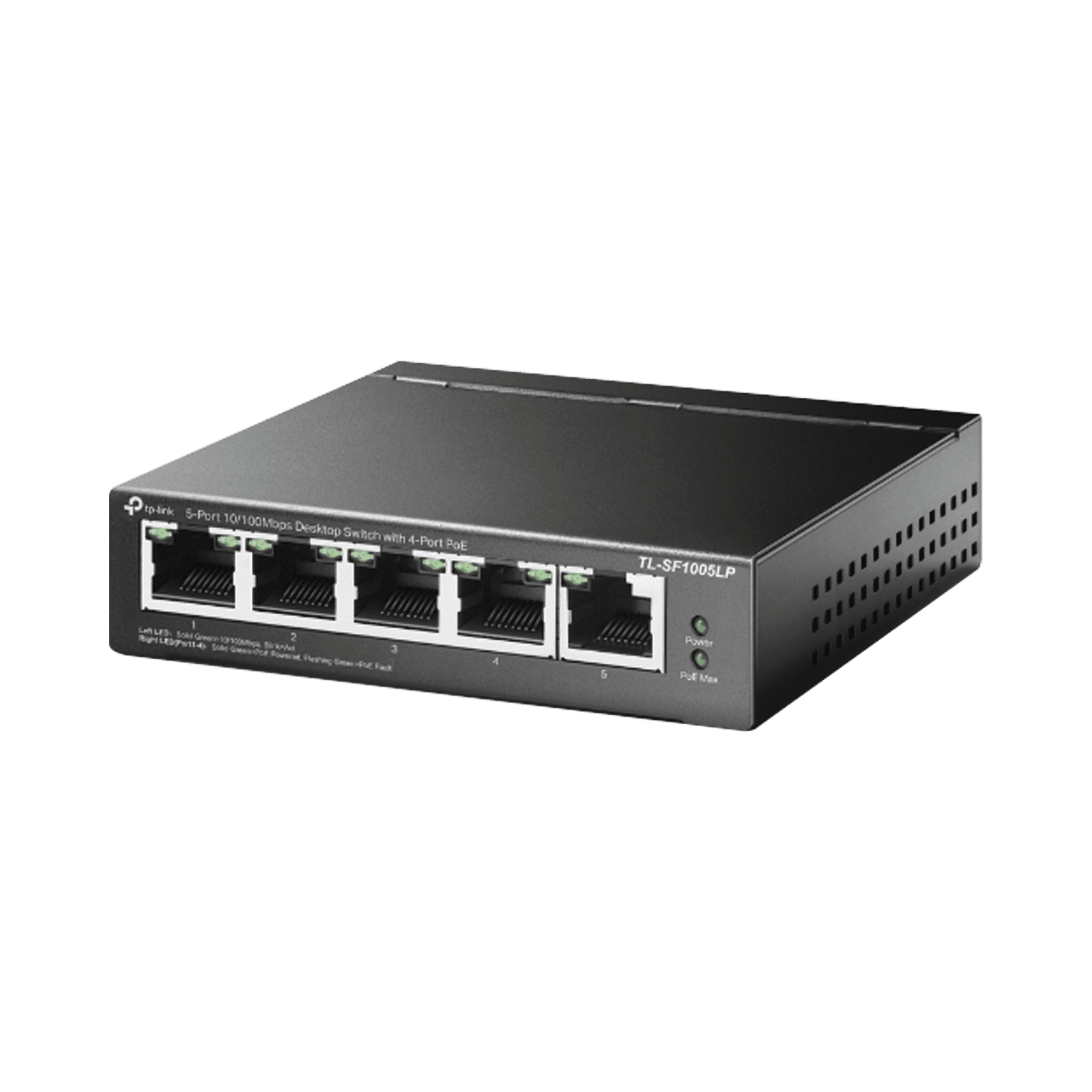 Switch PoE No Administrable de Escritorio / 5 puertos 10/100 Mbps / 4 puertos PoE af / Presupuesto 41 W / Modo extensor PoE hasta 250 metros / Calidad video prioritaria TLSF1005LP - TP-LINK