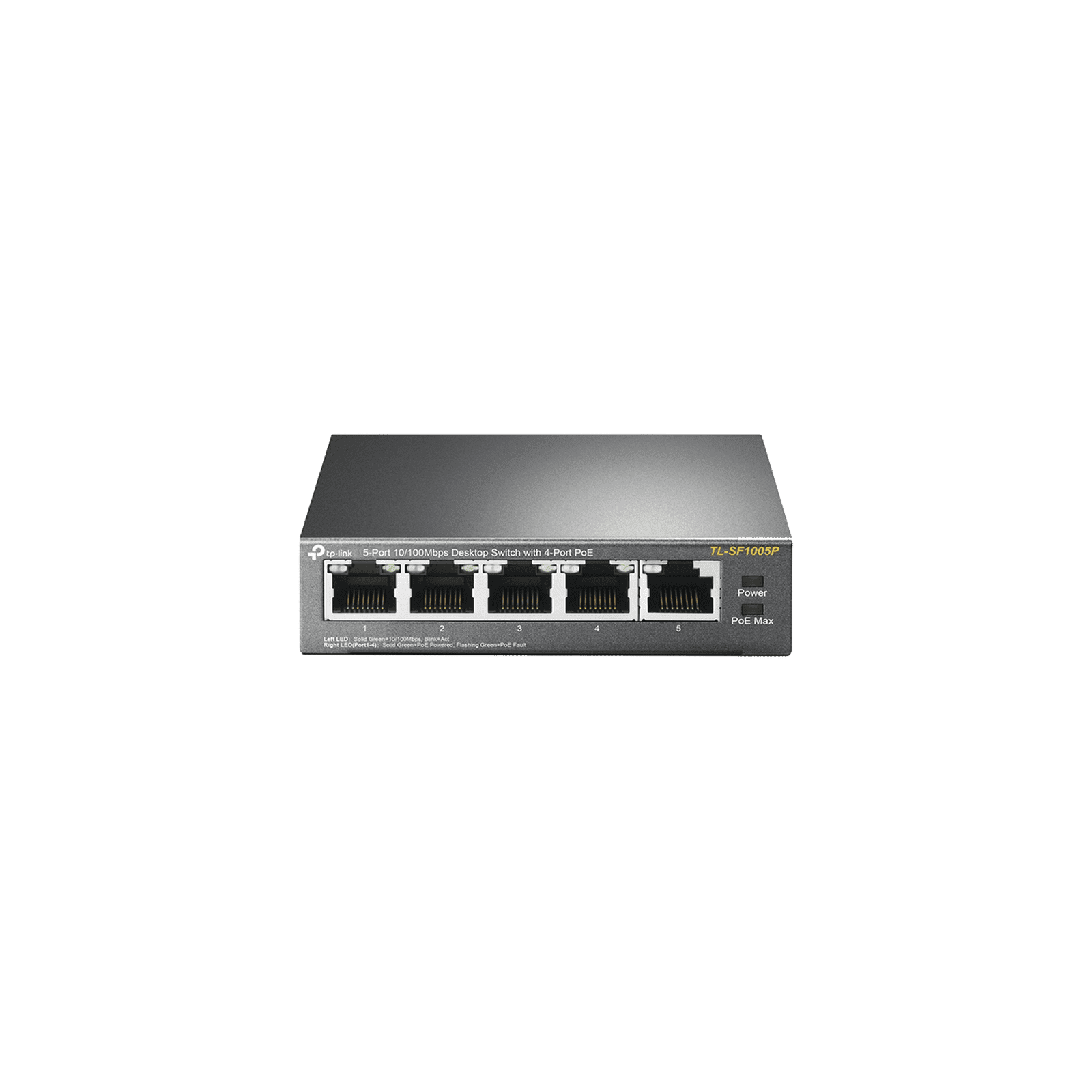 Switch PoE no Administrable de escritorio / 5 puertos 10/100 Mbps / 4 puertos PoE af/at / Presupuesto 67 W / Modo Extensor hasta 250 m / Calidad video prioritaria TL-SF1005P - TP-LINK