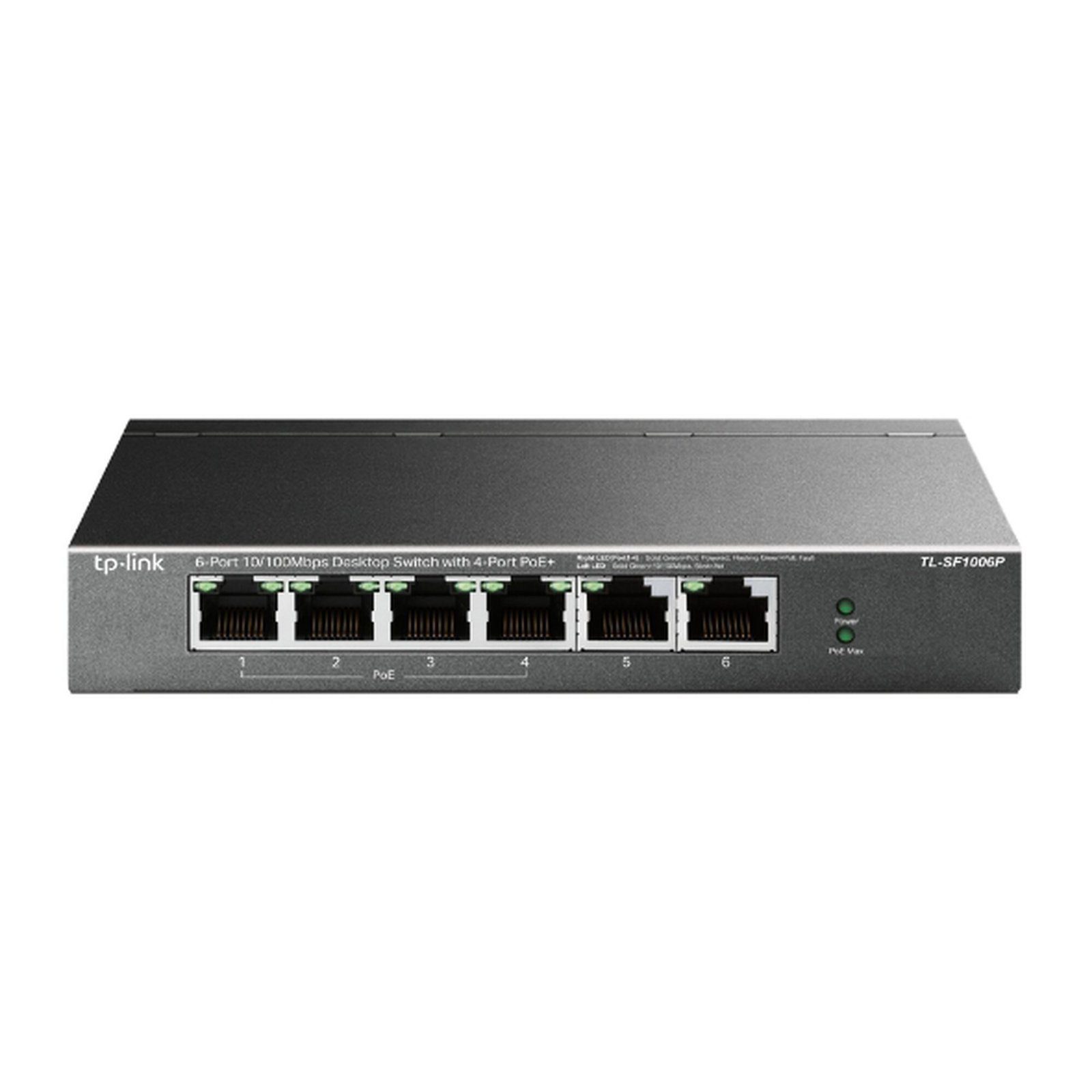 Switch PoE no Administrable de escritorio / 6 puertos 10/100 Mbps / 4 puertos PoE af/at / Presupuesto 67 W / Modo Extensor hasta 250 m / Calidad video prioritaria TLSF1006P - TP-LINK