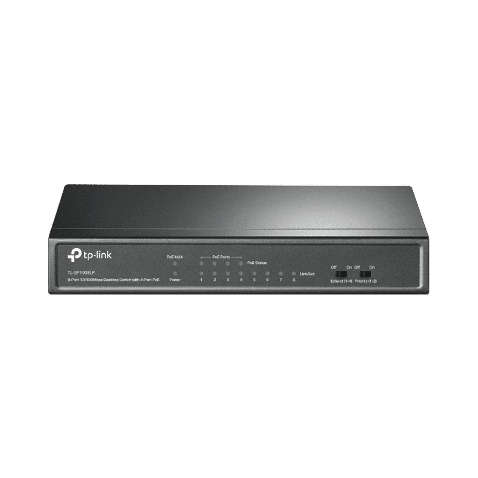 Switch PoE No Administrable de Escritorio / 8 puertos 10/100 Mbps / 4 puertos PoE af / Presupuesto 41 W / Modo extensor PoE hasta 250 metros / Calidad video prioritaria TLSF1008LP - TP-LINK