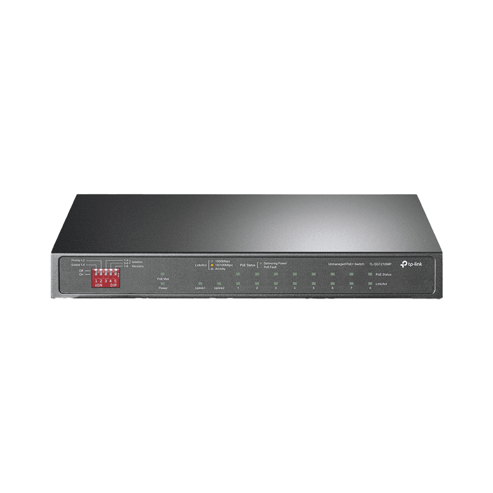 Switch PoE+ No Administrable De Escritorio 10 Puertos / 8 puertos 10/100/1000 Mbps PoE af/at Inteligiente / Presupuesto 123 W / Modo Extendido hasta 250 metros TLSG1210MP - TP-LINK