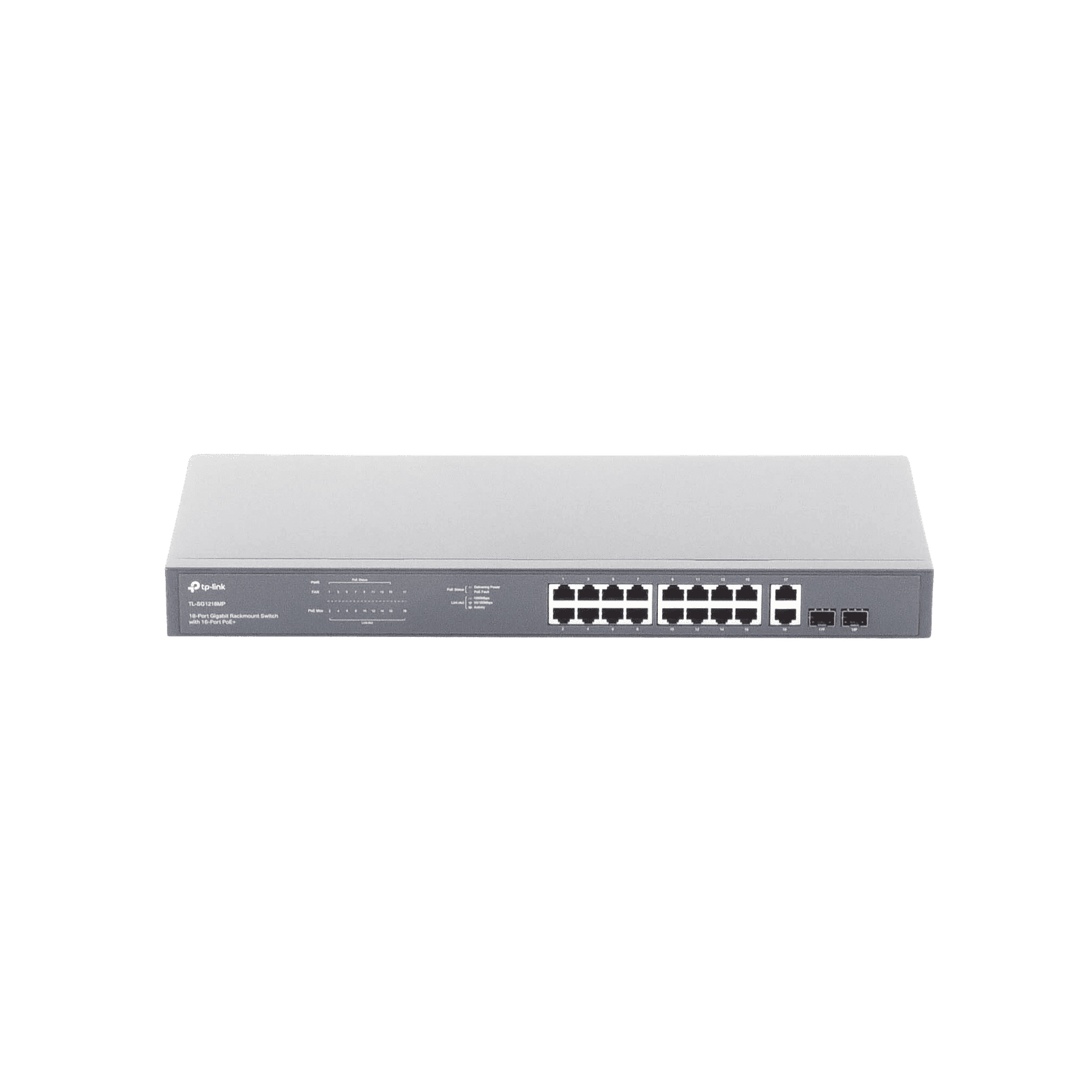 Switch no administrable de 16 puertos 10/100/1000Mbps y PoE af/at, 2 puertos SFP hasta 250W. TL-SG1218MP - TP-LINK