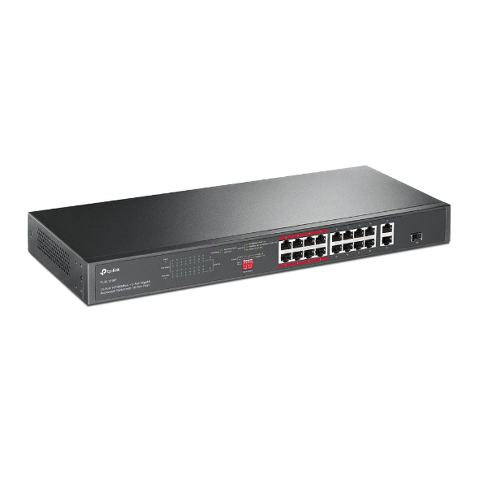 Switch PoE+ no Administrable 16 puertos 10/100 Mbps + 2 puertos 10/100/1000 Mbps + 1 puerto SFP, 8 puertos Extensor PoE (hasta 250 m), 150W, diseño para Vigilancia IP TL-SL1218P - TP-LINK