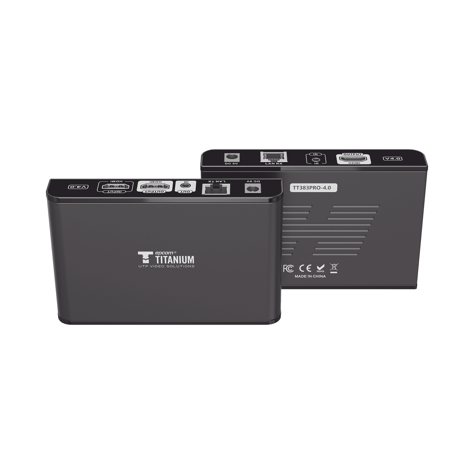 Kit Extensor HDMI para distancias de 120 metros / Resolución 1080P a 60Hz / Cat 6 / Soporta conexión Uno a Uno y Uno a Muchos / Soporta hasta 253 Rx / Salida Loop / Baja Latencia / Uso 24/7 / Soporta HDbitT / Compatible con Switch Gigabit TT-383-PRO-4.0 - EPCOM TITANIUM