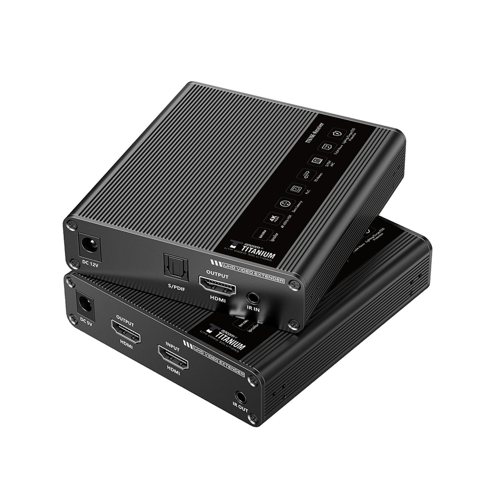 Kit Extensor HDMI para distancias de 70 metros / Resolución 4K x 2K@ 60 Hz/ Cat 6, 6a y 7 / IPCOLOR / CERO LATENCIA / SIN COMPRIMIR / Uso 24/7 / Puerto S/PDIF / Soporta ARC / Salida Loop / Alimente solo el Tx (PoC) / Control IR TT-676E - EPCOM TITANIUM