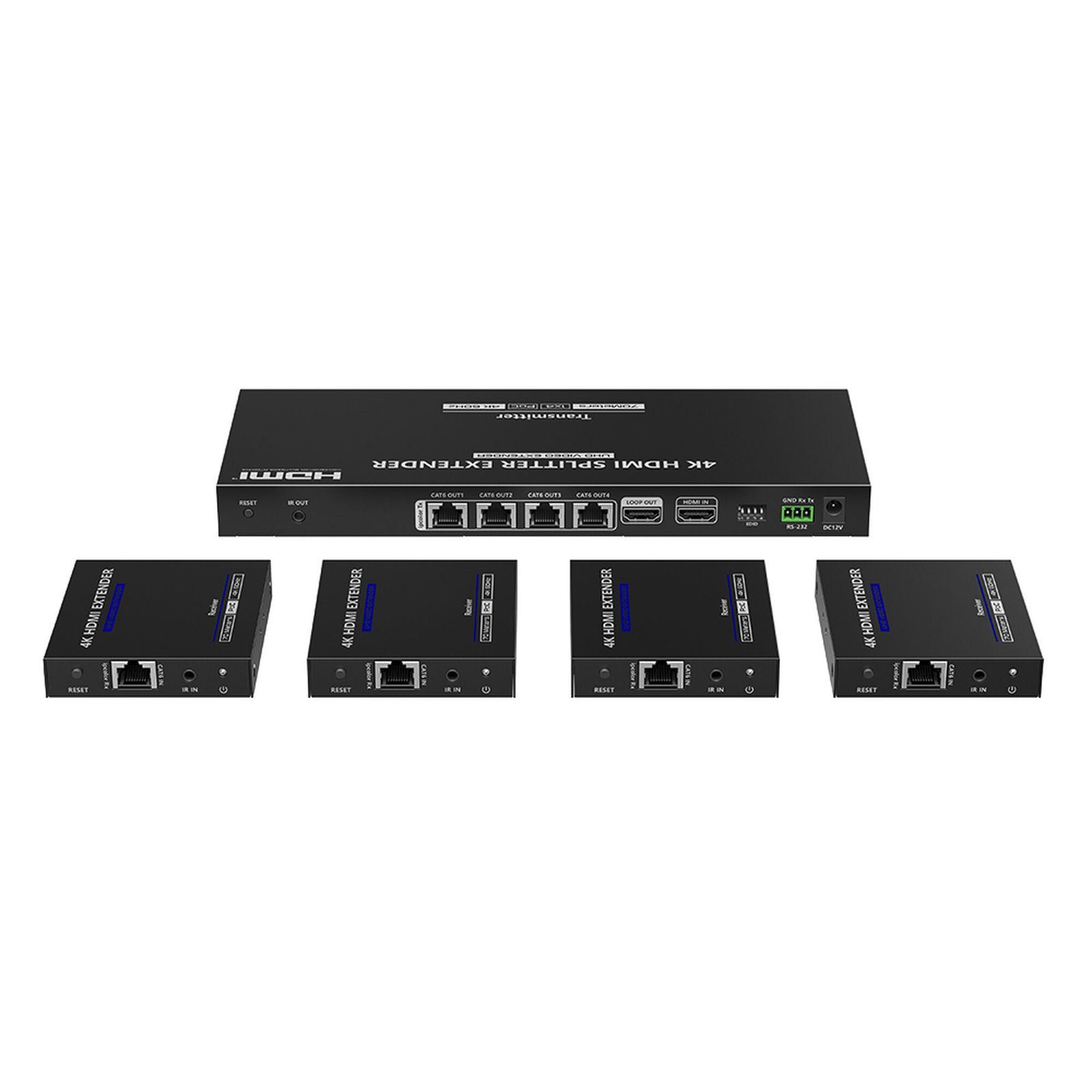 Kit Divisor y Extensor HDMI / Divide 1 Fuente HDMI a 4 Pantallas / Extiende la señal HDMI hasta 70 m / Resolución 4K @ 60 Hz/ Cat 6/6a/7 / IPCOLOR / CERO LATENCIA / Uso 24/7 / Puerto S/PDIF / EDID / RS232 / Salida Loop / Alimente solo el Tx TT-824N - EPCOM TITANIUM