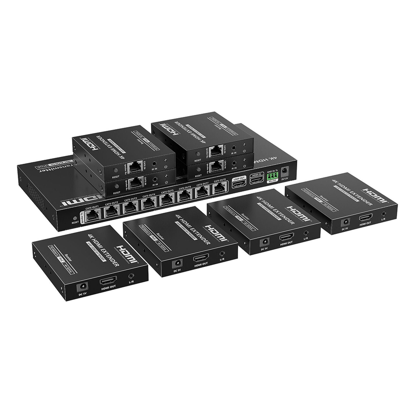 Kit Divisor y Extensor HDMI / Divide 1 Fuente HDMI a 8 Pantallas / Extiende la señal HDMI hasta 70 m / Resolución 4K @ 60 Hz/ Cat 6/6a/7 / IPCOLOR / CERO LATENCIA / Uso 24/7 / Puerto S/PDIF / EDID / RS232 / Salida Loop / Alimente solo el Tx TT-828N - EPCOM TITANIUM