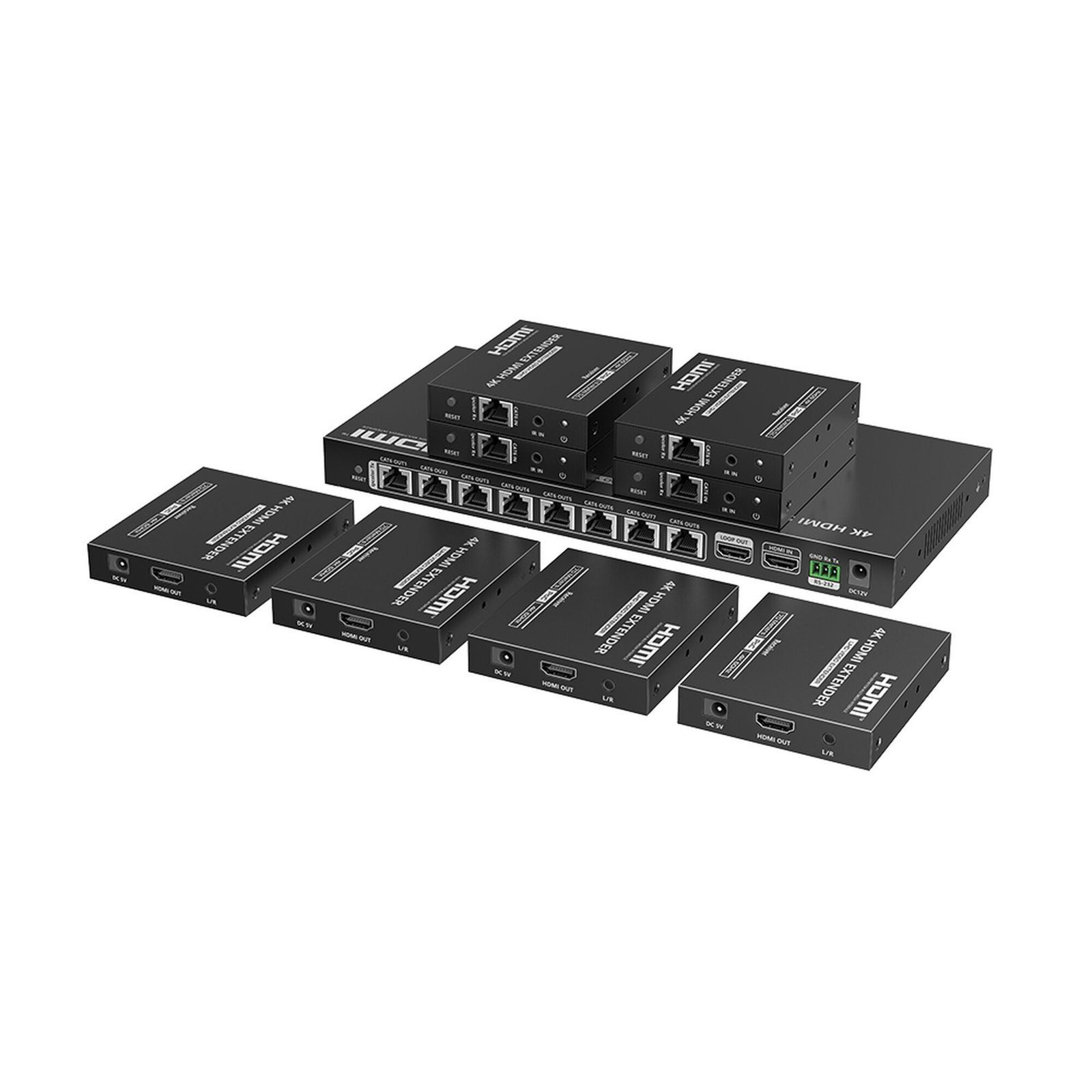 Kit Divisor y Extensor HDMI / Divide 1 Fuente HDMI a 8 Pantallas / Extiende la señal HDMI hasta 70 m / Resolución 4K @ 60 Hz/ Cat 6/6a/7 / IPCOLOR / CERO LATENCIA / Uso 24/7 / Puerto S/PDIF / EDID / RS232 / Salida Loop / Alimente solo el Tx TT-828N - EPCOM TITANIUM