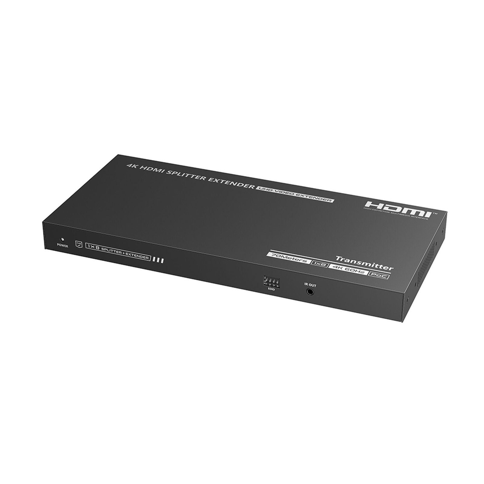 Kit Divisor y Extensor HDMI / Divide 1 Fuente HDMI a 8 Pantallas / Extiende la señal HDMI hasta 70 m / Resolución 4K @ 60 Hz/ Cat 6/6a/7 / IPCOLOR / CERO LATENCIA / Uso 24/7 / Puerto S/PDIF / EDID / RS232 / Salida Loop / Alimente solo el Tx TT-828N - EPCOM TITANIUM